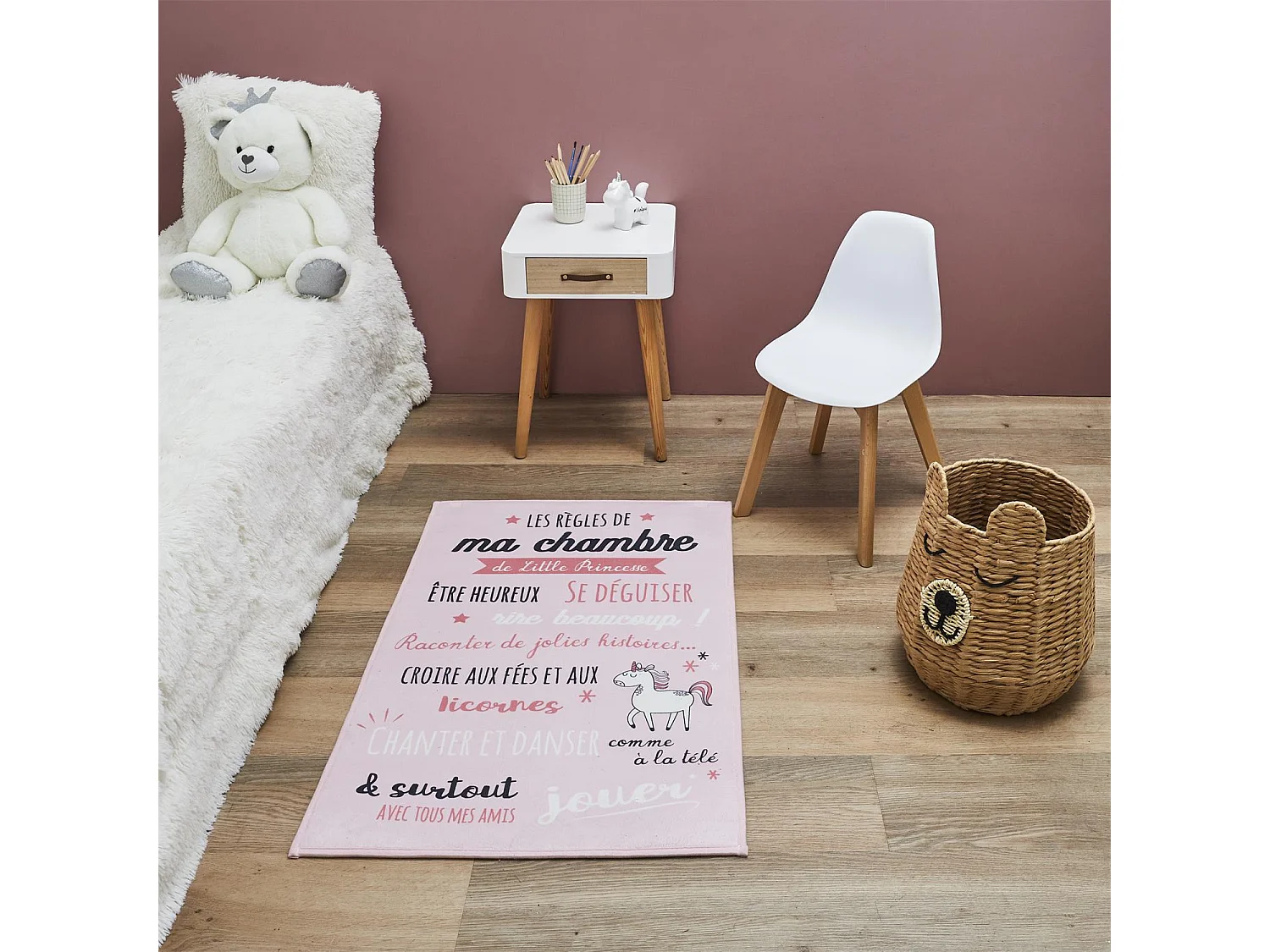 Tapis Enfant "Règles de la Chambre" 60x90cm Rose