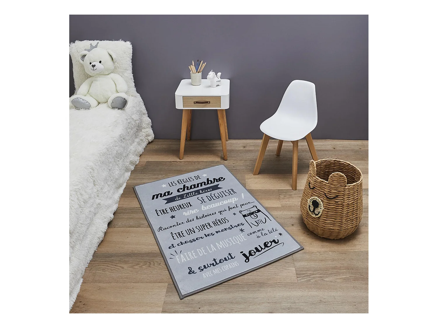 Tapis Enfant "Règles de la Chambre" 60x90cm Gris