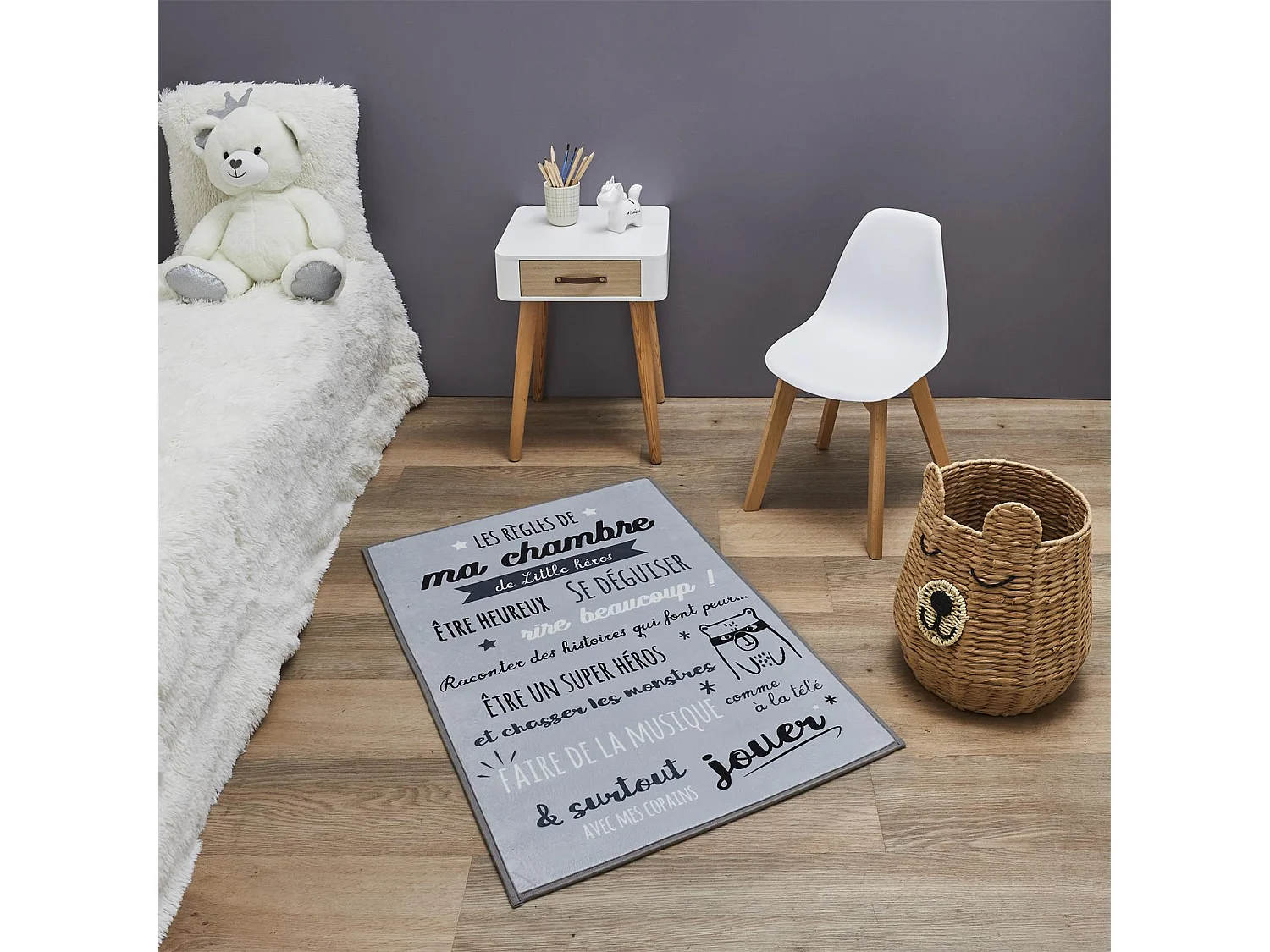 Tapis Enfant "Règles de la Chambre" 60x90cm Gris