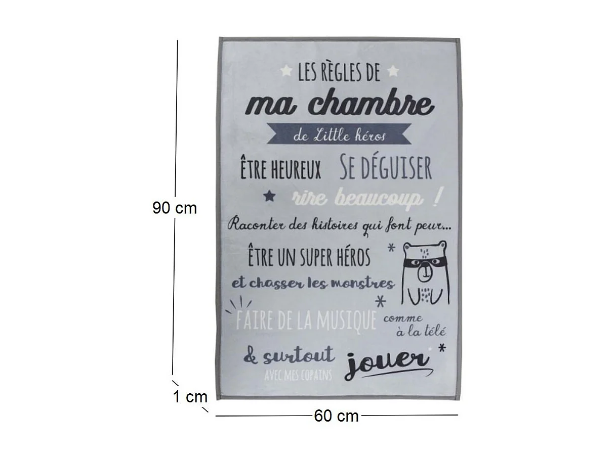 Tapis Enfant "Règles de la Chambre" 60x90cm Gris