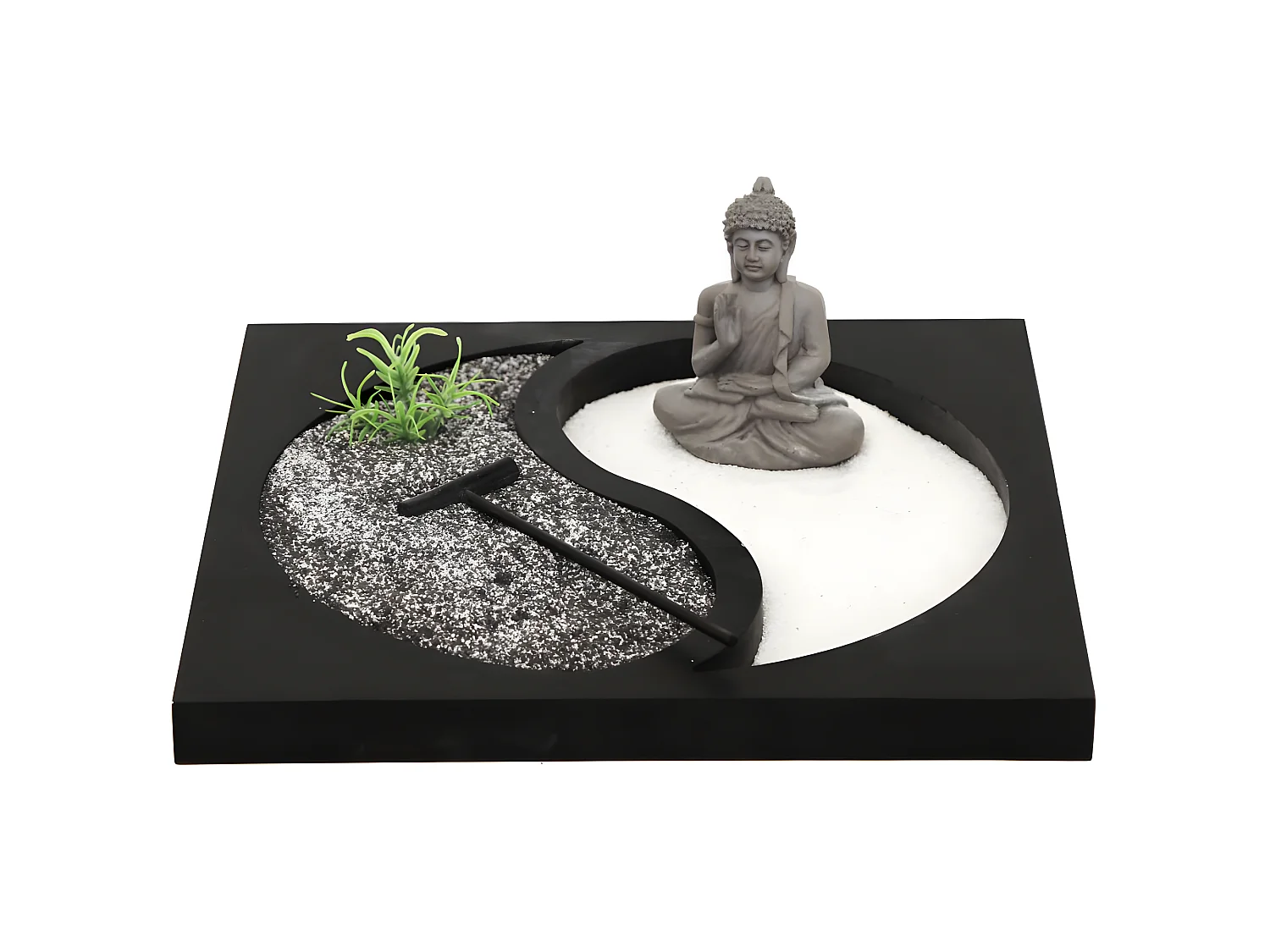 Zen-Garten mit Buddha Figur und kleiner Harke "Ying & Yang"