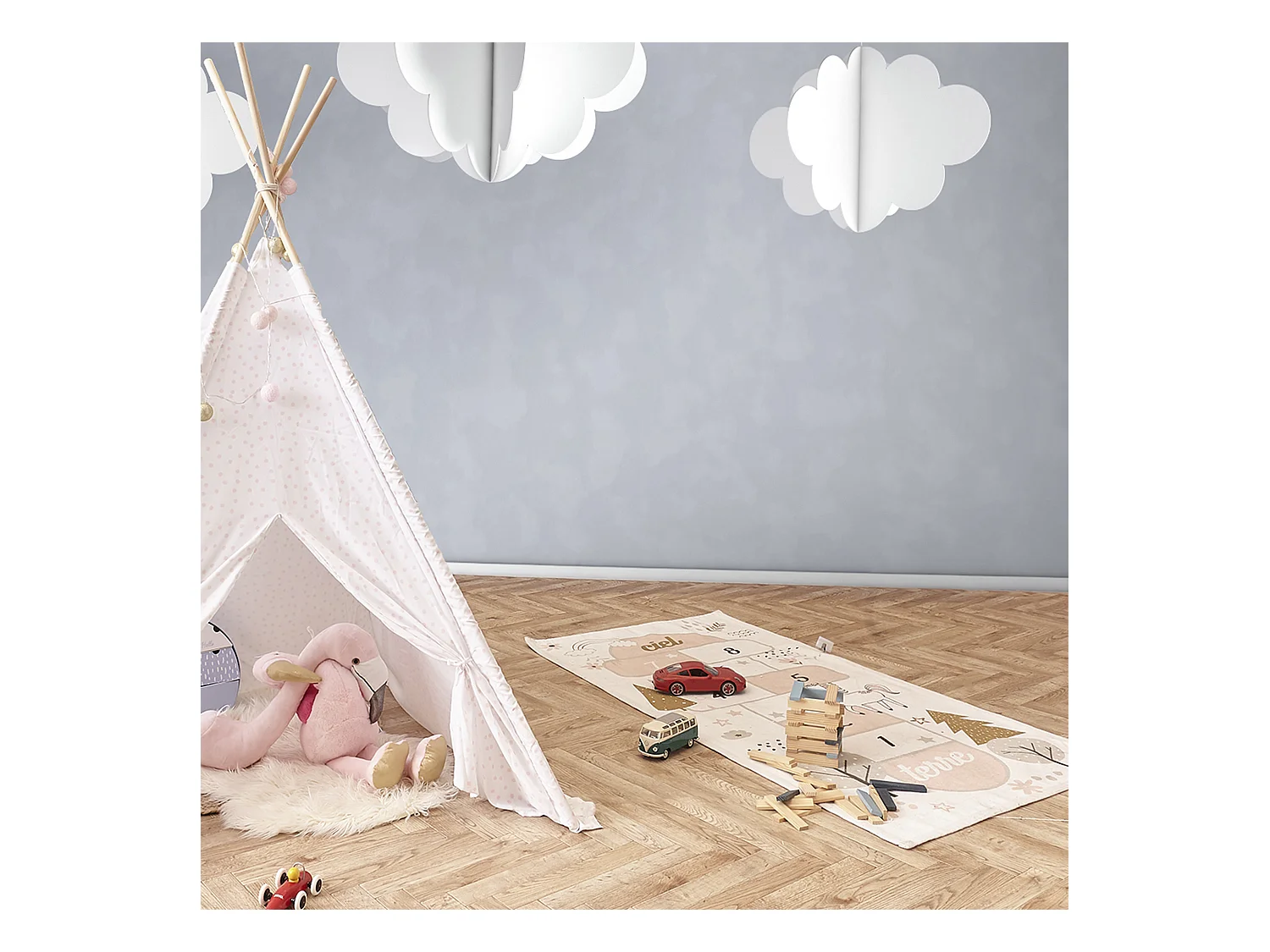 Tapis Marelle 140x70cm Blanc, Gris, Rose