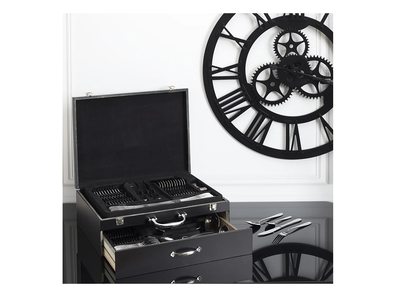 Menagere 84 Pieces Coffret En Bois Avec Tiroir Noir