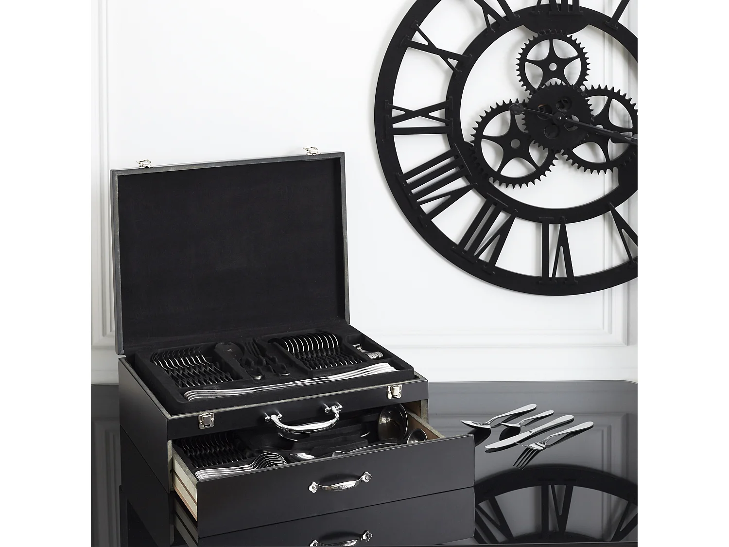 Menagere 84 Pieces Coffret En Bois Avec Tiroir Noir