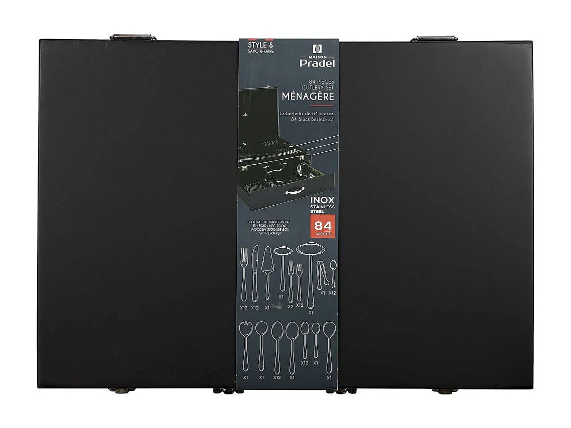 Menagere 84 Pieces Coffret En Bois Avec Tiroir Noir