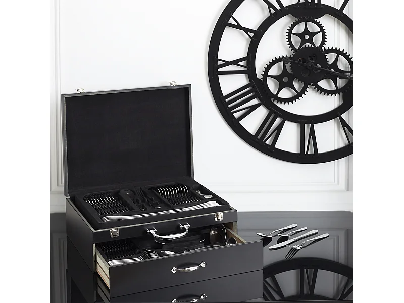 Menagere 84 Pieces Coffret En Bois Avec Tiroir Noir