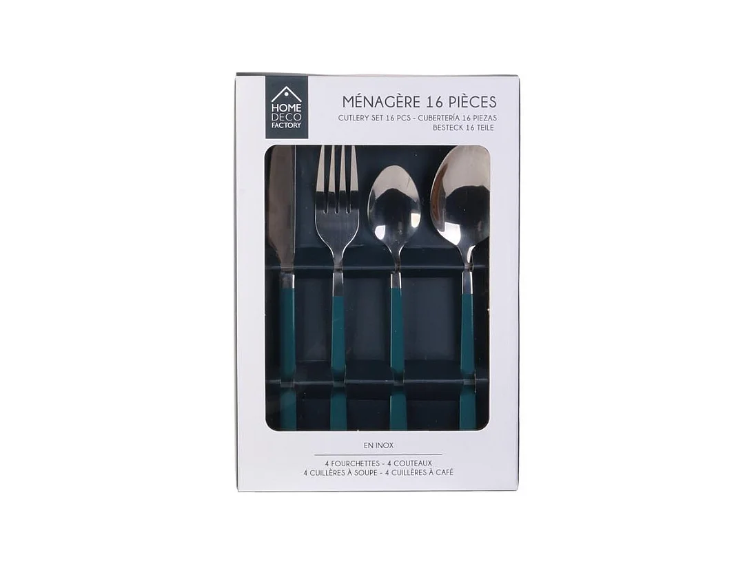 Ménagère 16 Pièces "Manche Vert" 23cm Argent