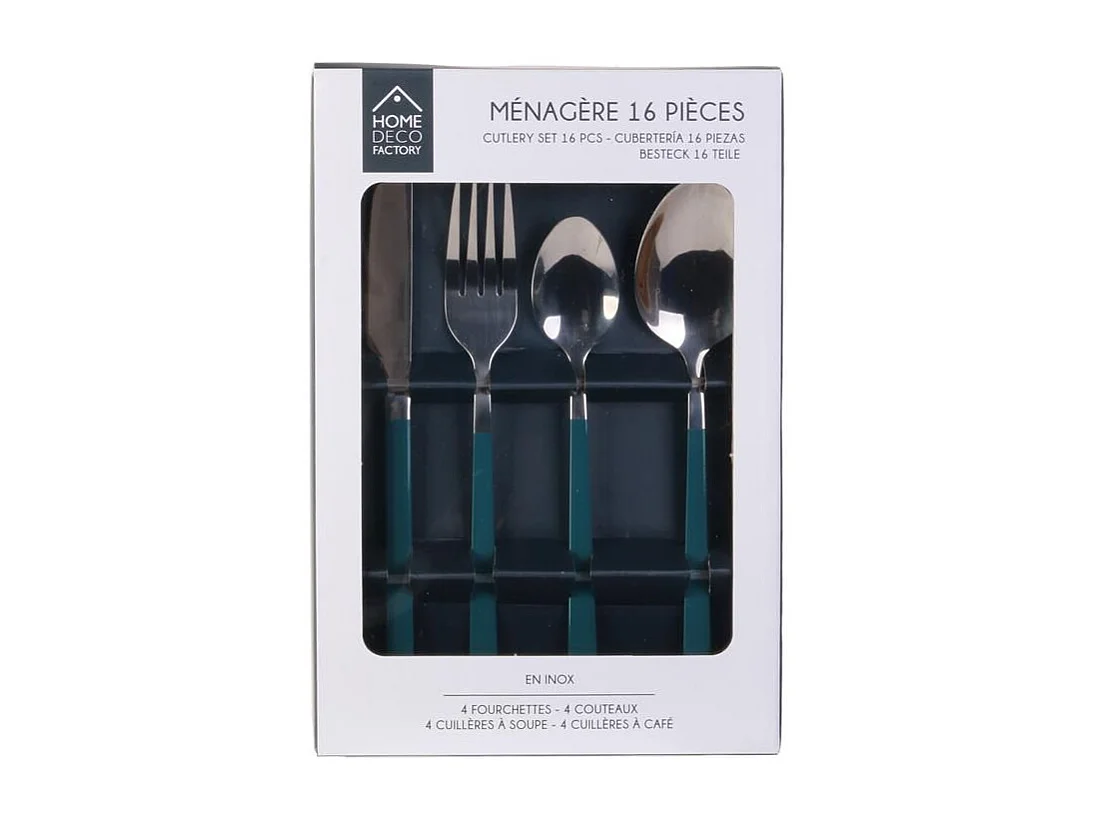 Ménagère 16 Pièces "Manche Vert" 23cm Argent