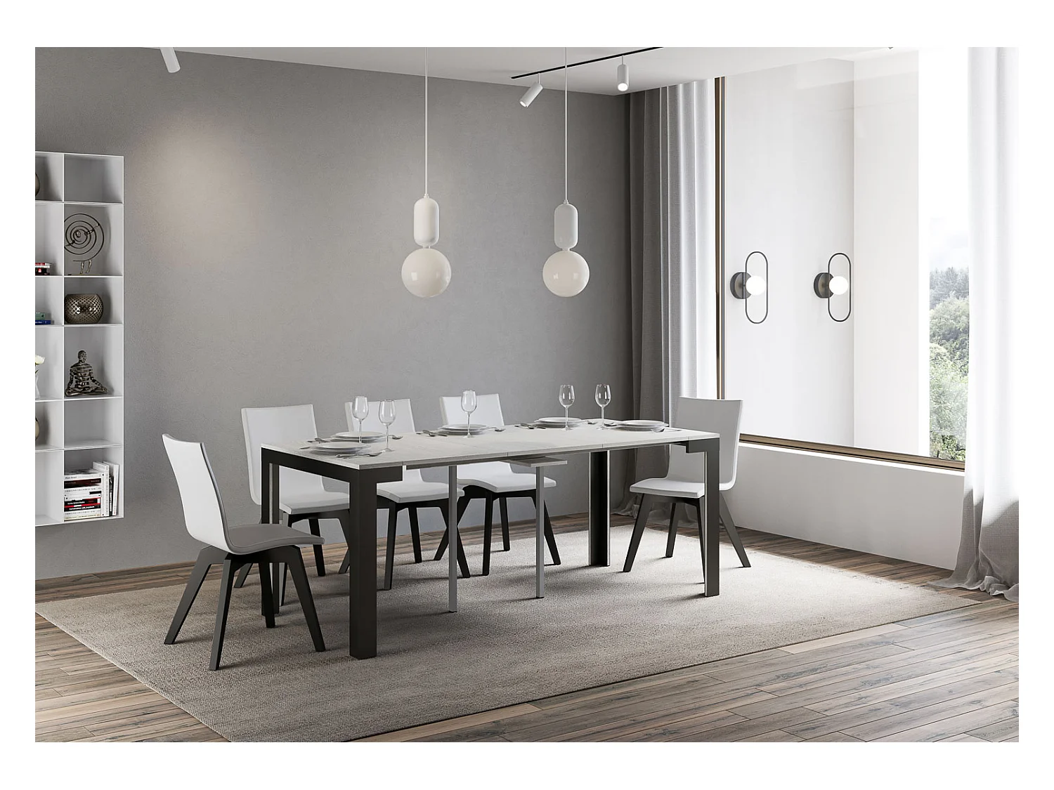 Uitschuifbare sidetable 90x40/300 cm Linea Evolution eiken wit met antraciet frame