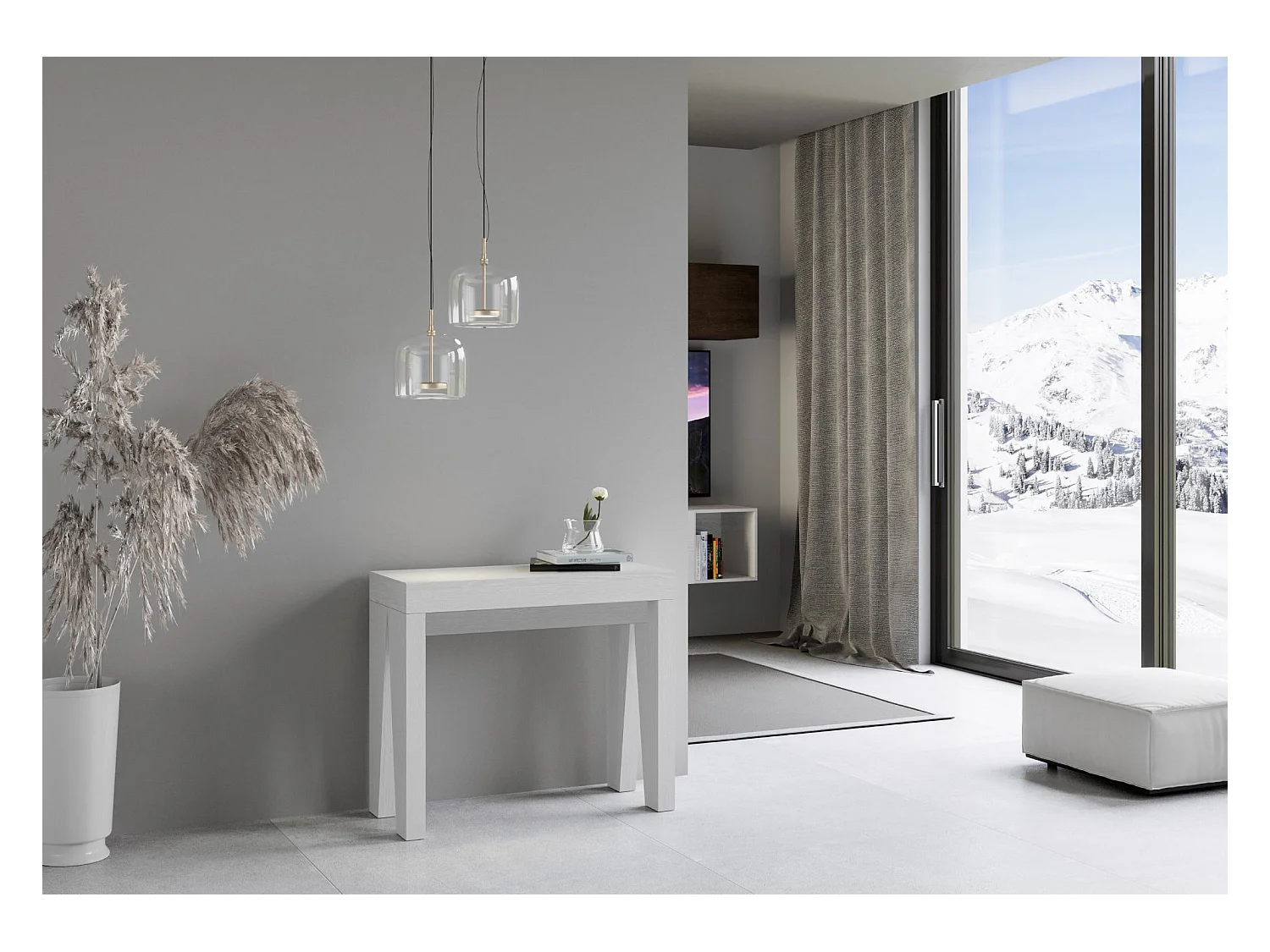 Moderne houten uitschuifbare console 90x40/196 of 90x40/300 cm Naxo-Kleur Wit-Steun 2 voet-Verlengsnoeren 3 uitbreidingen