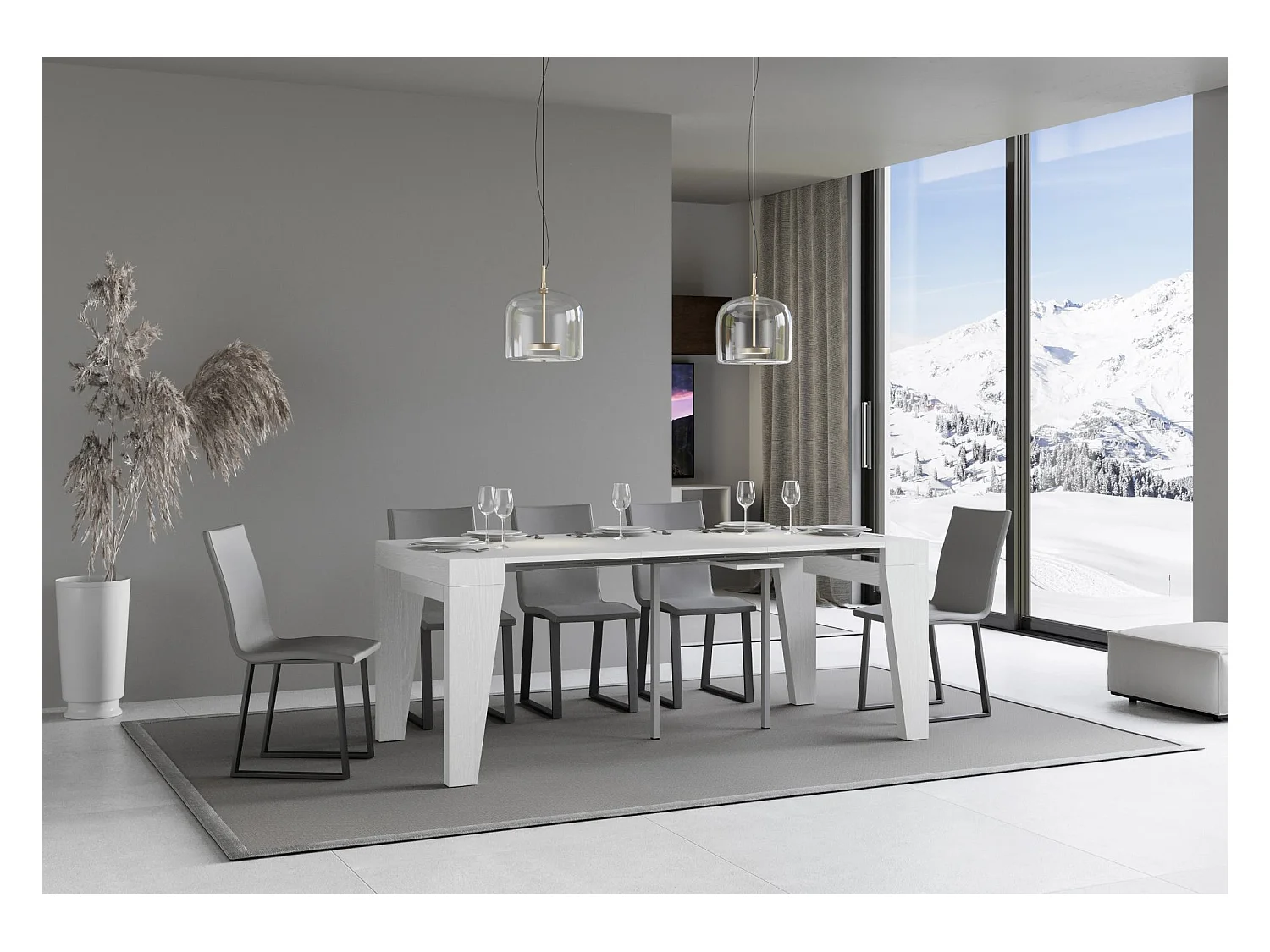 Moderne houten uitschuifbare console 90x40/196 of 90x40/300 cm Naxo-Kleur Wit-Steun 2 voet-Verlengsnoeren 3 uitbreidingen