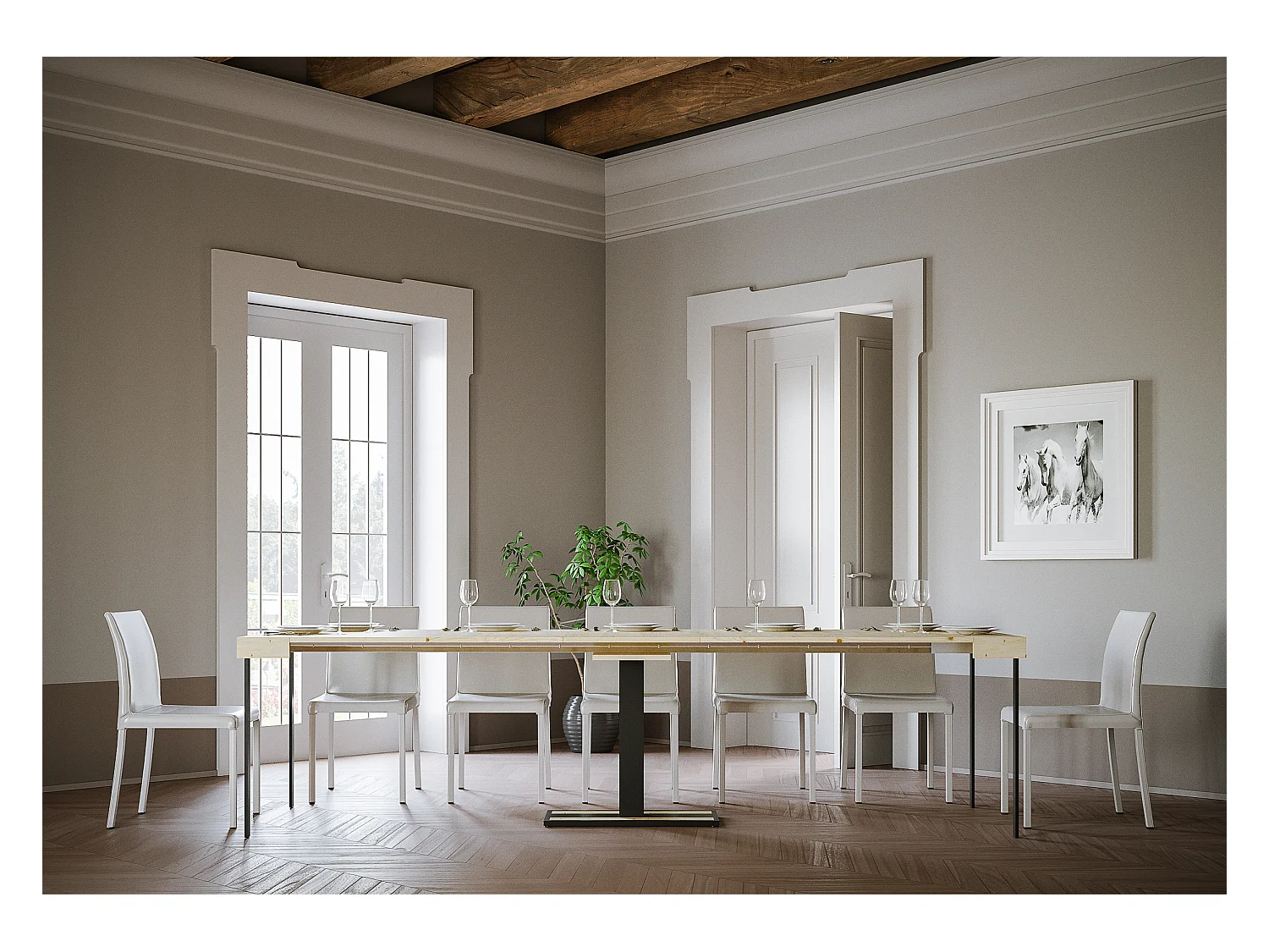 Consola extensible de pino macizo de color claro con patas de metal antracita, 14 plazas, de 40 a 300 cm Cali