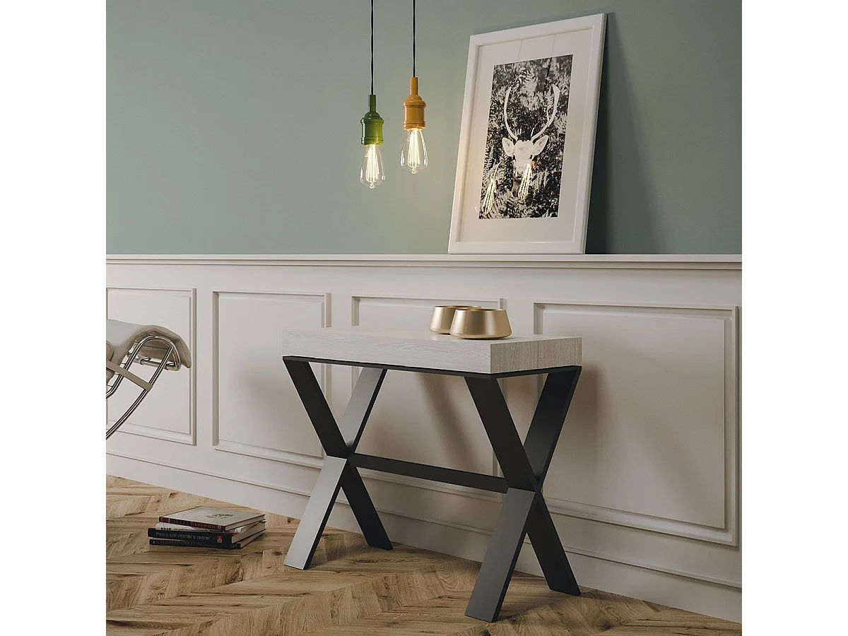 Console extensible 90x40/196 cm Xenia Small Frêne Blanc cadre Anthracite
