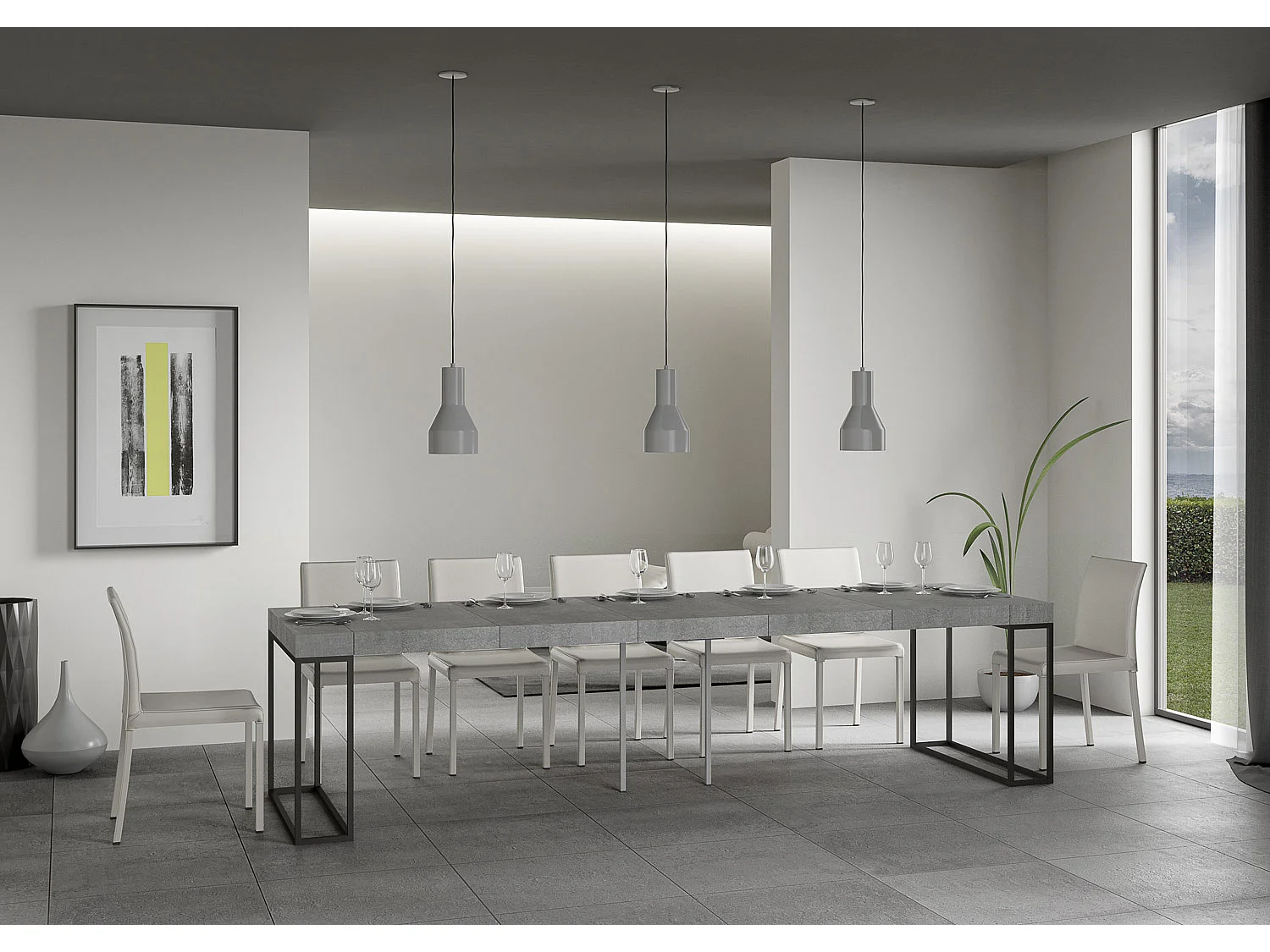 Epika uitschuifbare houten console en 3 antraciet stalen poten-Kleur Cementgrijs-Steun 2 voet-Verlengsnoeren 5 dikke extensies