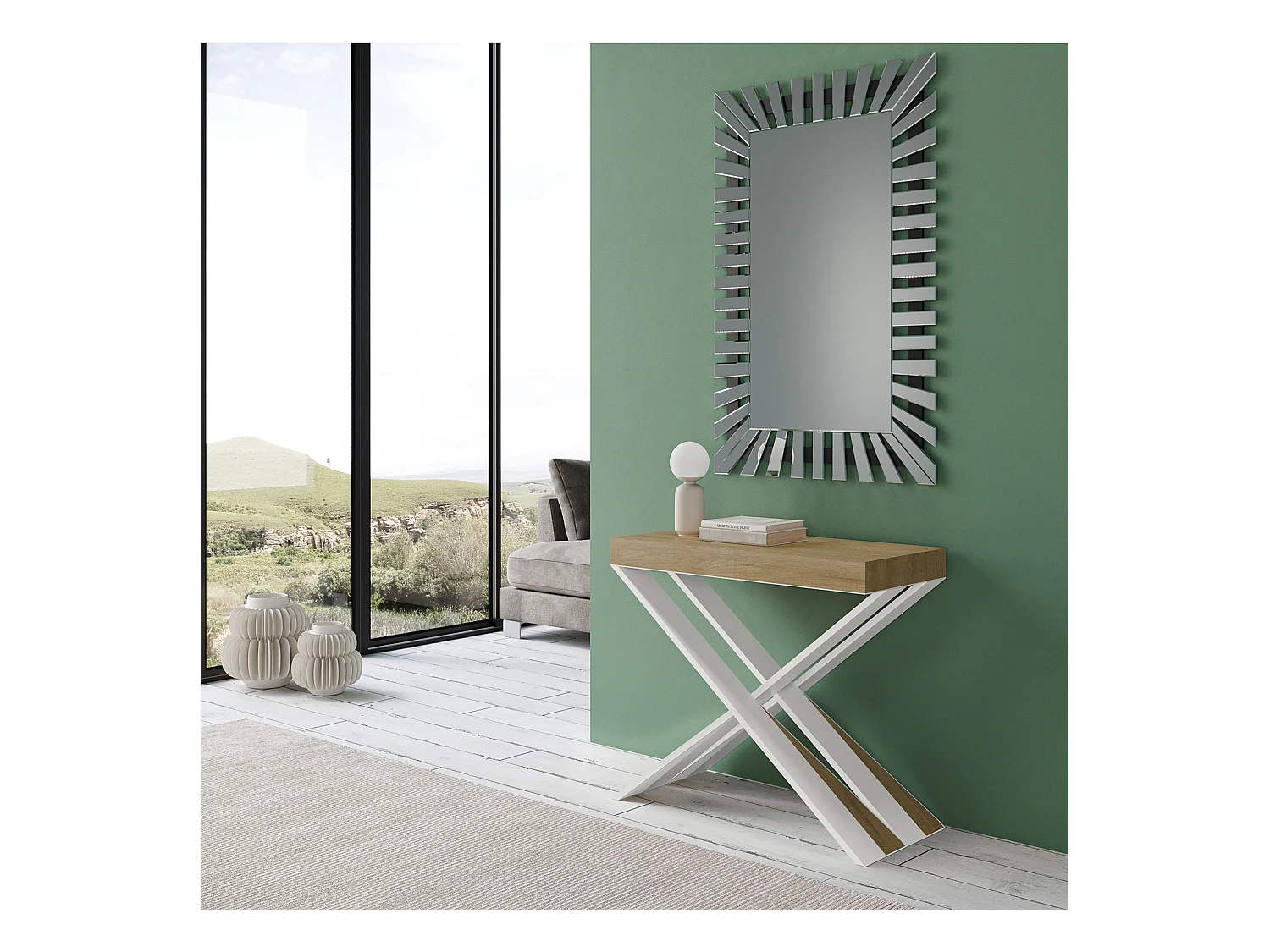 Consola extensible de diseño en madera Diago 90x40/196 o 90x40/300-Color Natural-Soporte 2 pies-3 alargaderas finas