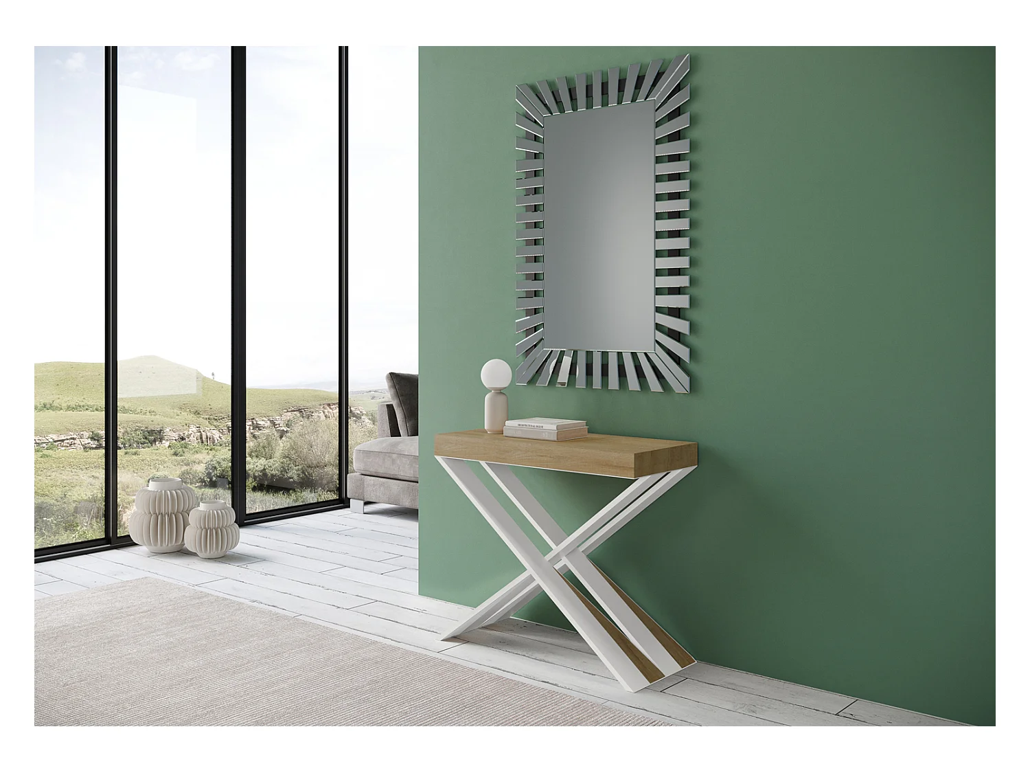 Consola extensible de diseño en madera Diago 90x40/196 o 90x40/300-Color Natural-Soporte 2 pies-3 alargaderas finas