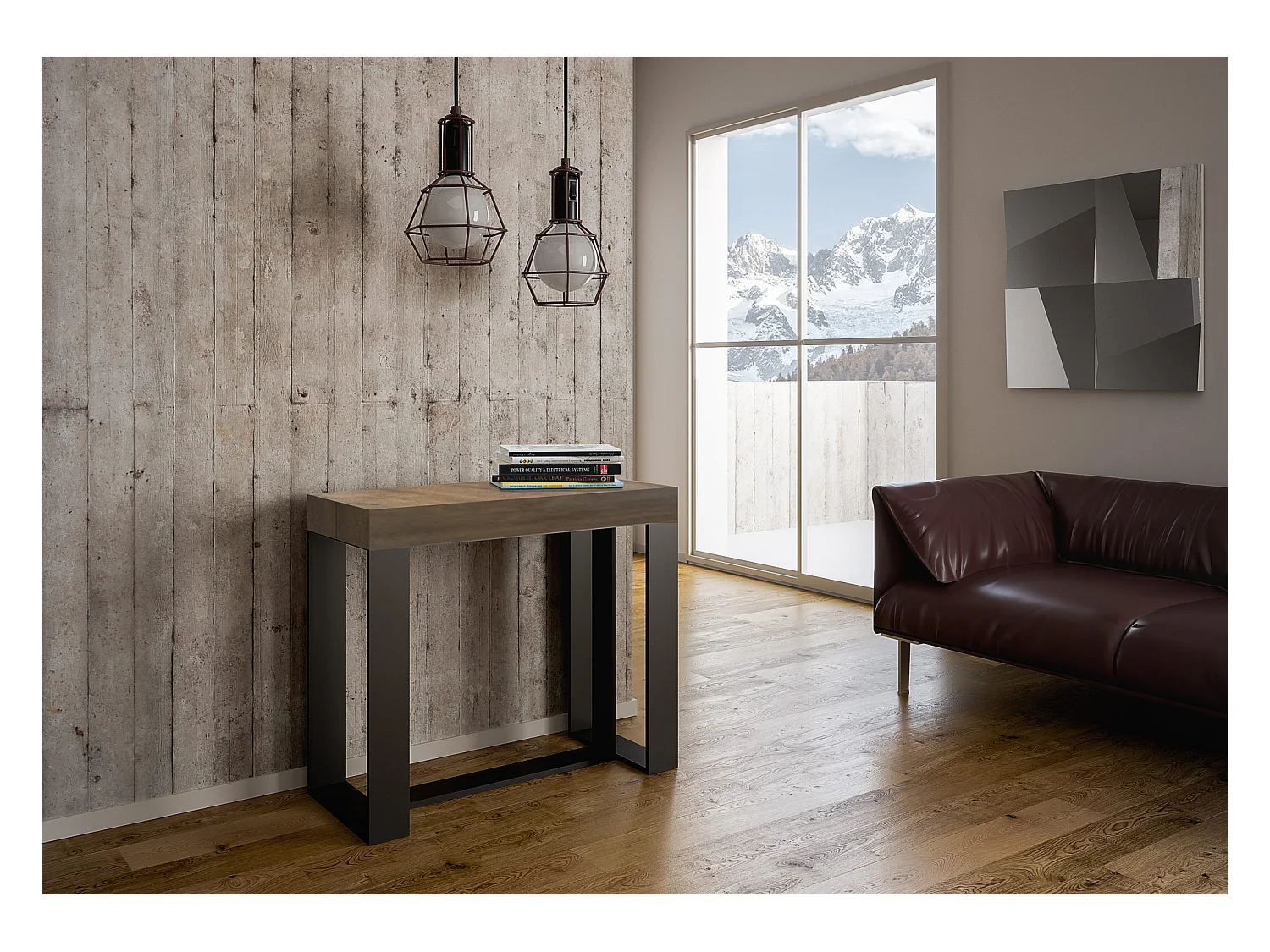 Mesa consola extensível 90x40/300 cm Futura Nogueira quadro Antracite