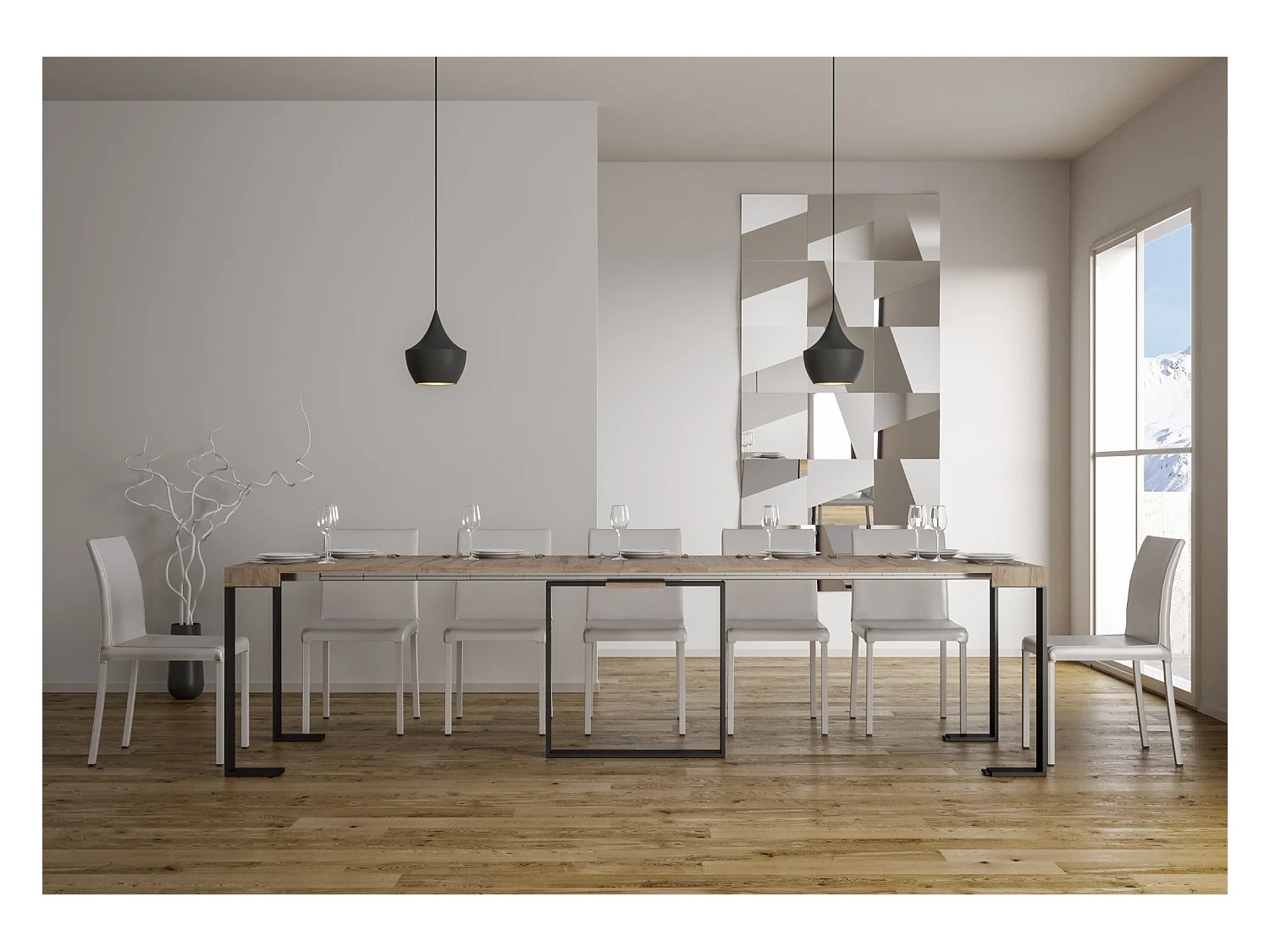 Ausziehbarer Konsolentisch 90x40/300 cm Futura Eiche Natur mit Eisenrahmen aus Anthrazit