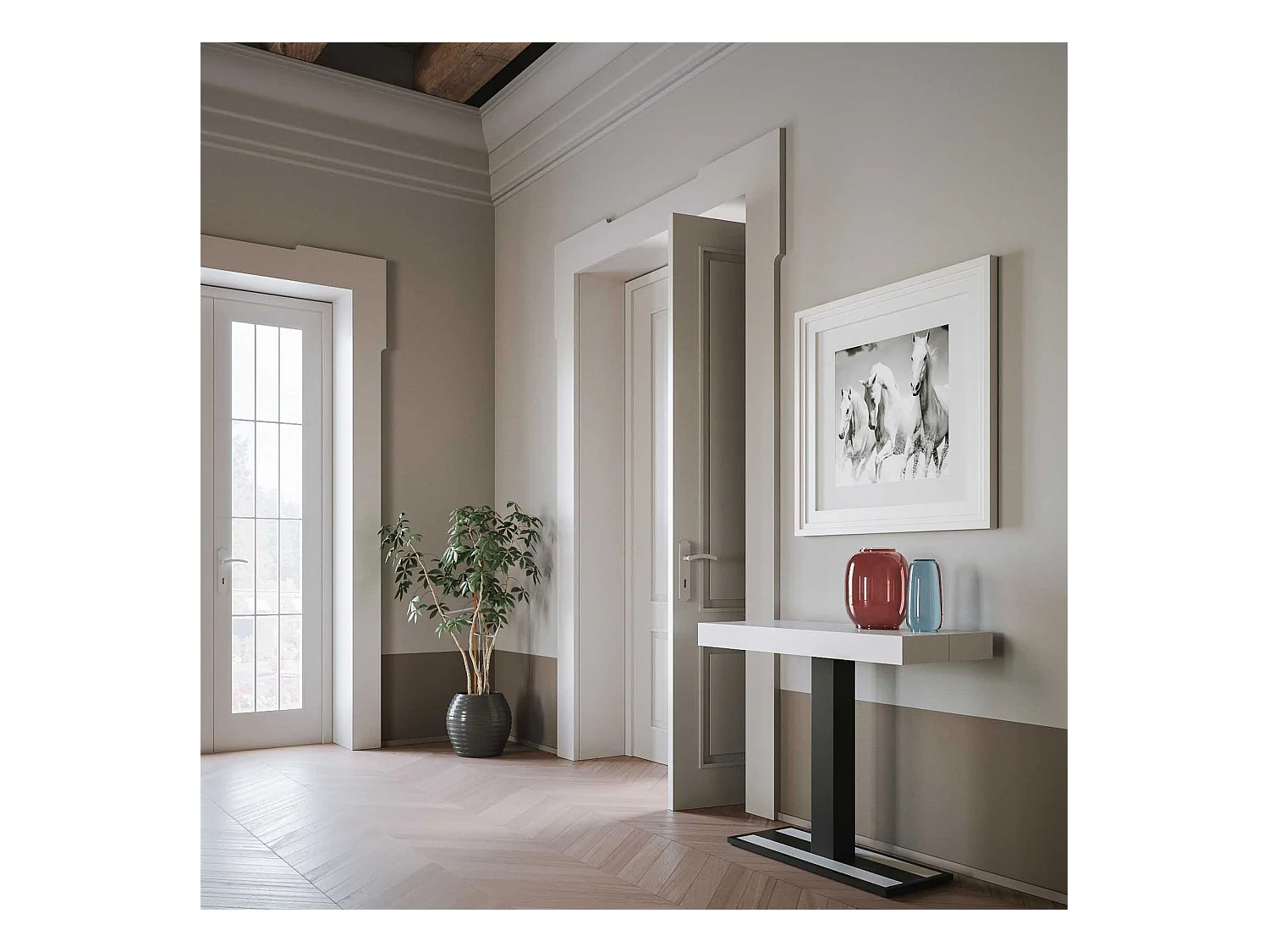 Console extensible 90x40/300 cm Capital Frêne Blanc cadre Anthracite