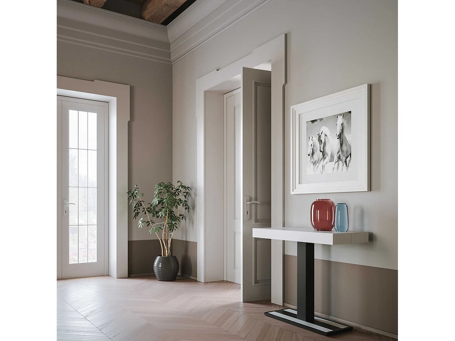 Console extensible 90x40/300 cm Capital Frêne Blanc cadre Anthracite