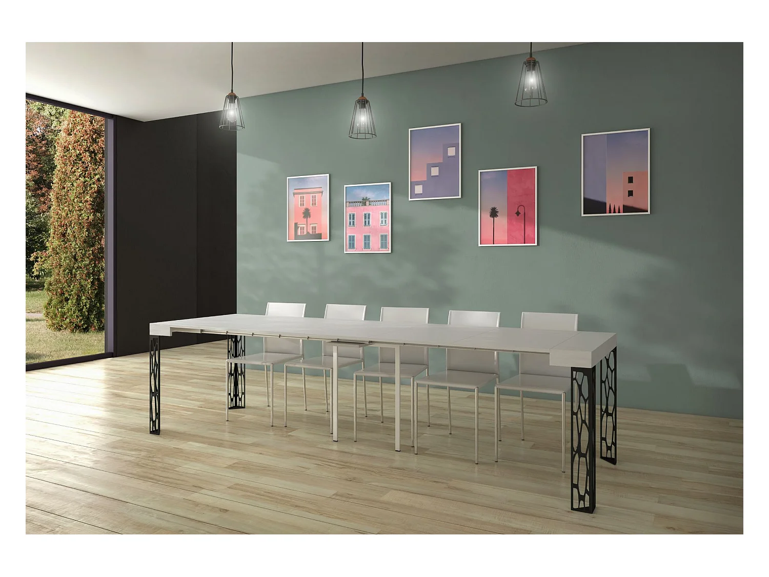 Console extensible 90x40/300 cm Ghibli Frêne Blanc cadre Anthracite