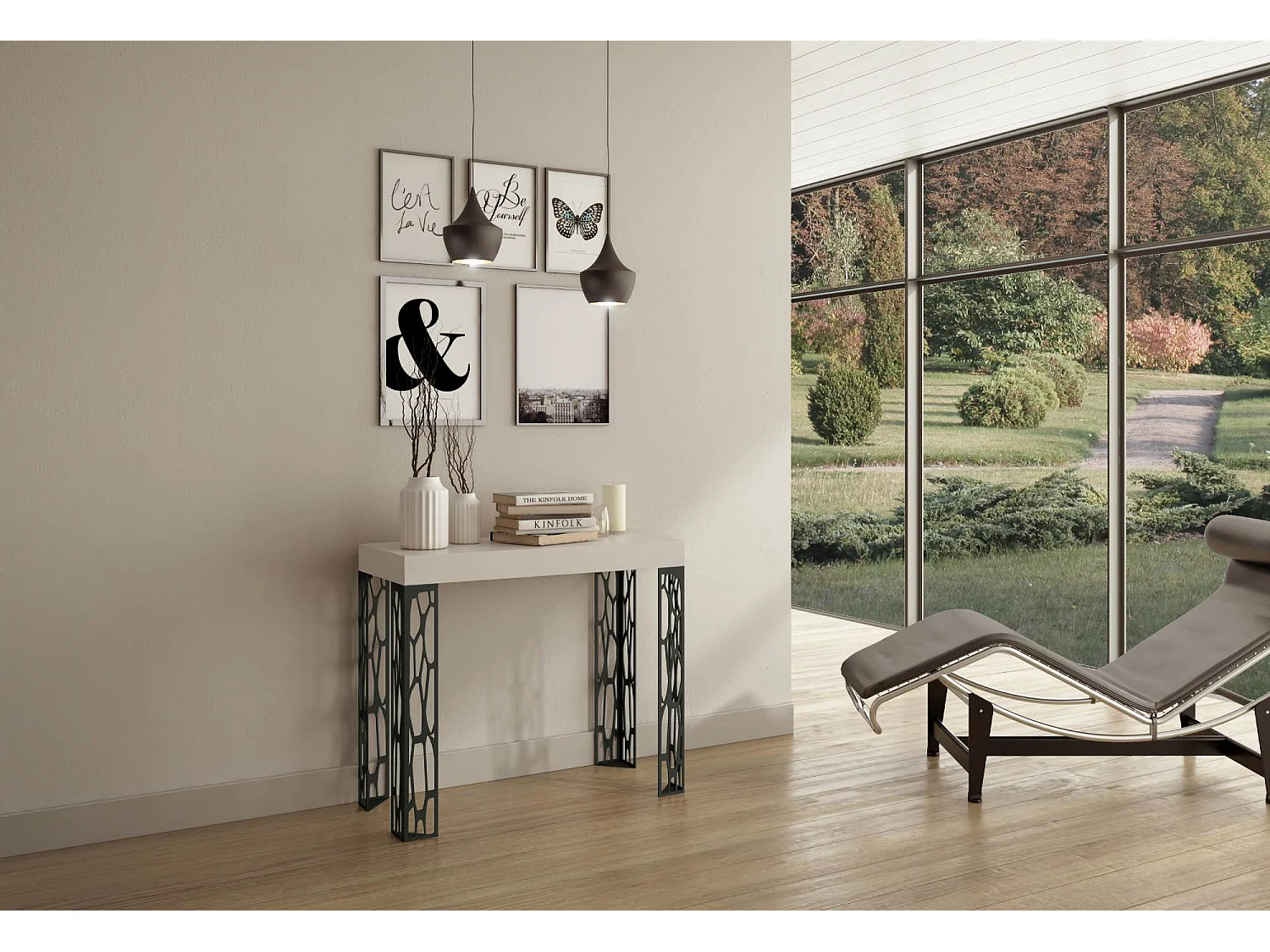 Console extensible 90x40/300 cm Ghibli Frêne Blanc cadre Anthracite