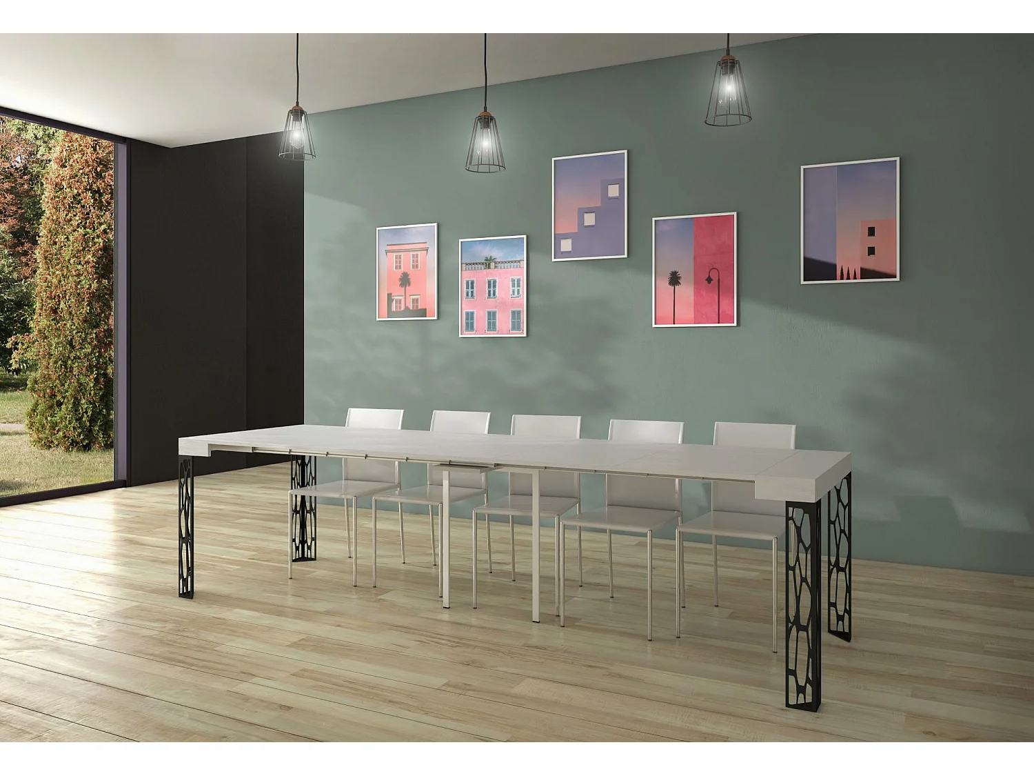 Console extensible 90x40/300 cm Ghibli Frêne Blanc cadre Anthracite