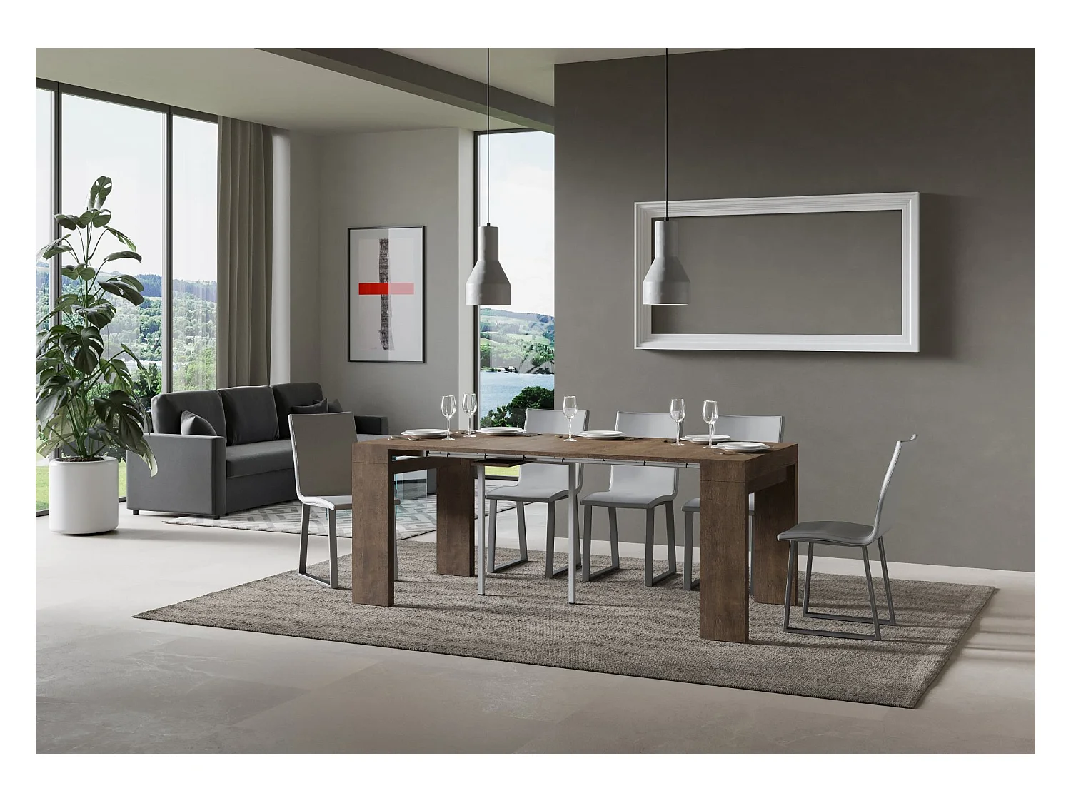 Consola extensible de madera Ribo 90x40/196 o 90x40/300 cm-Color Marrón-Soporte 2 pies-Alargaderas 3 extensiones