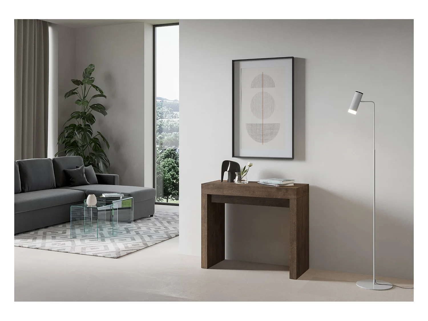 Consola extensible de madera Ribo 90x40/196 o 90x40/300 cm-Color Marrón-Soporte 2 pies-Alargaderas 3 extensiones