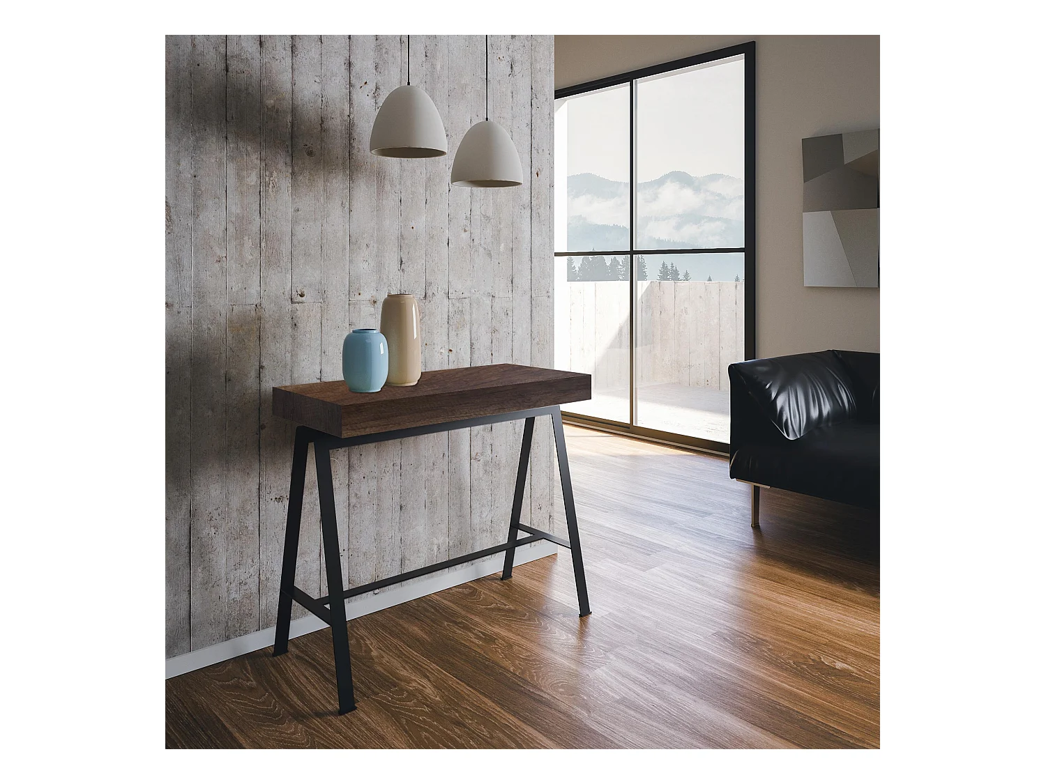 Ausziehbarer Konsolentisch 90x40/300 cm Banco Nussbaum mit Eisenrahmen aus Anthrazit