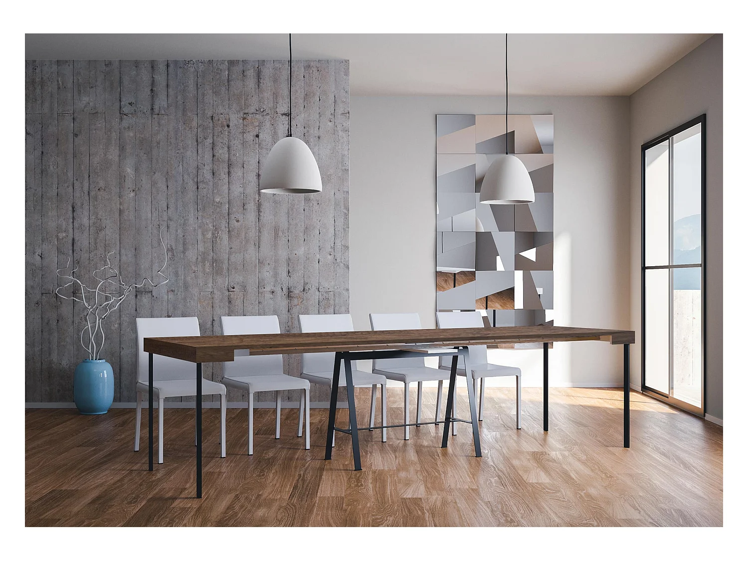 Ausziehbarer Konsolentisch 90x40/300 cm Banco Nussbaum mit Eisenrahmen aus Anthrazit