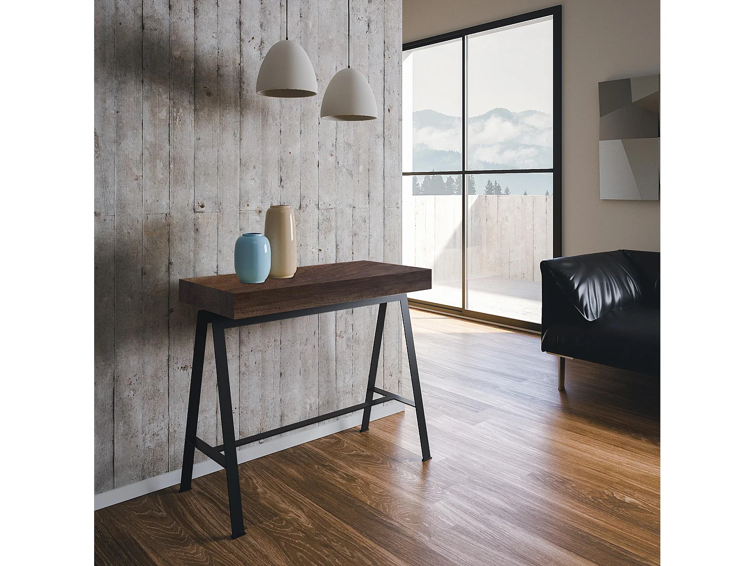 Console extensible 90x40/300 cm Banco Noyer cadre Anthracite