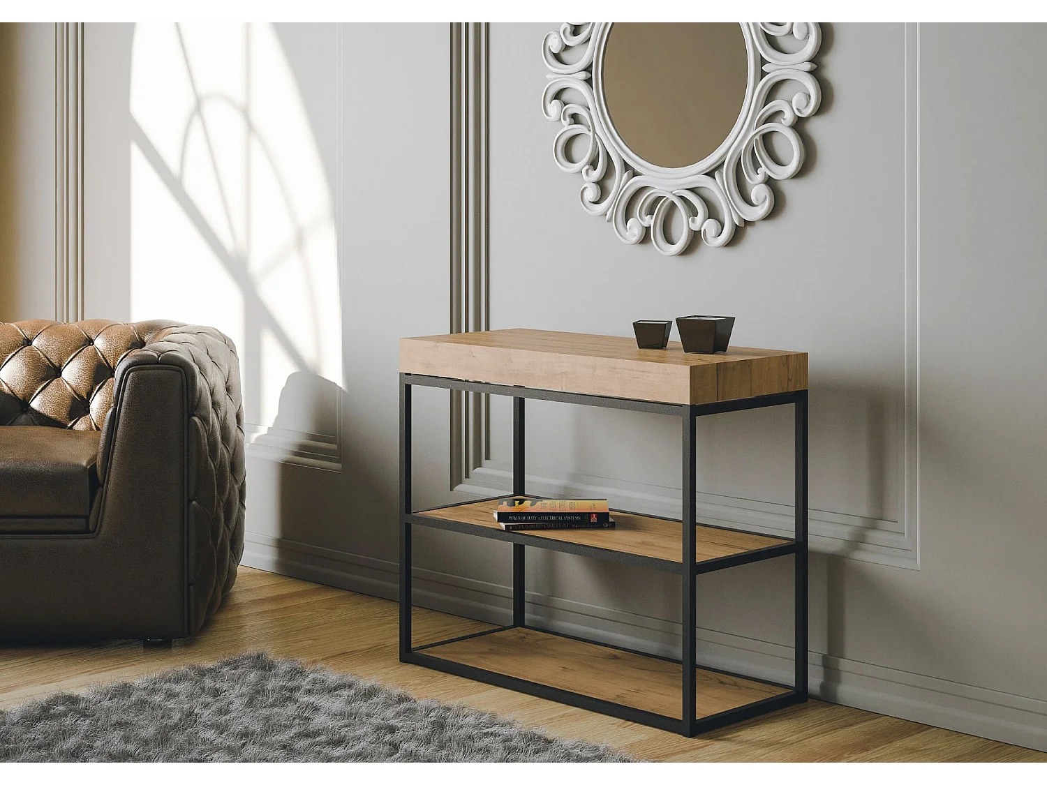 Console extensible 90x40/300 cm Plano Premium Chêne Nature cadre Anthracite