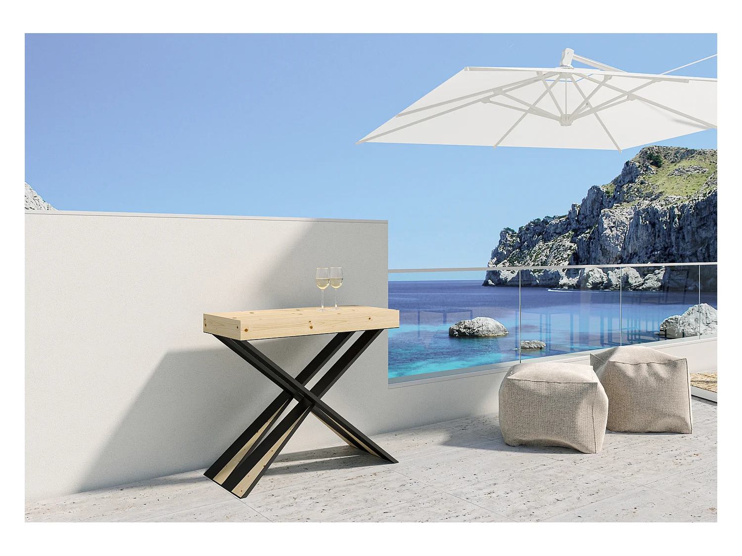 Consola extensible de abeto claro macizo con patas de metal antracita, capacidad para 8 personas, de 40 a 190 cm Lilia Premium-Versión Básico