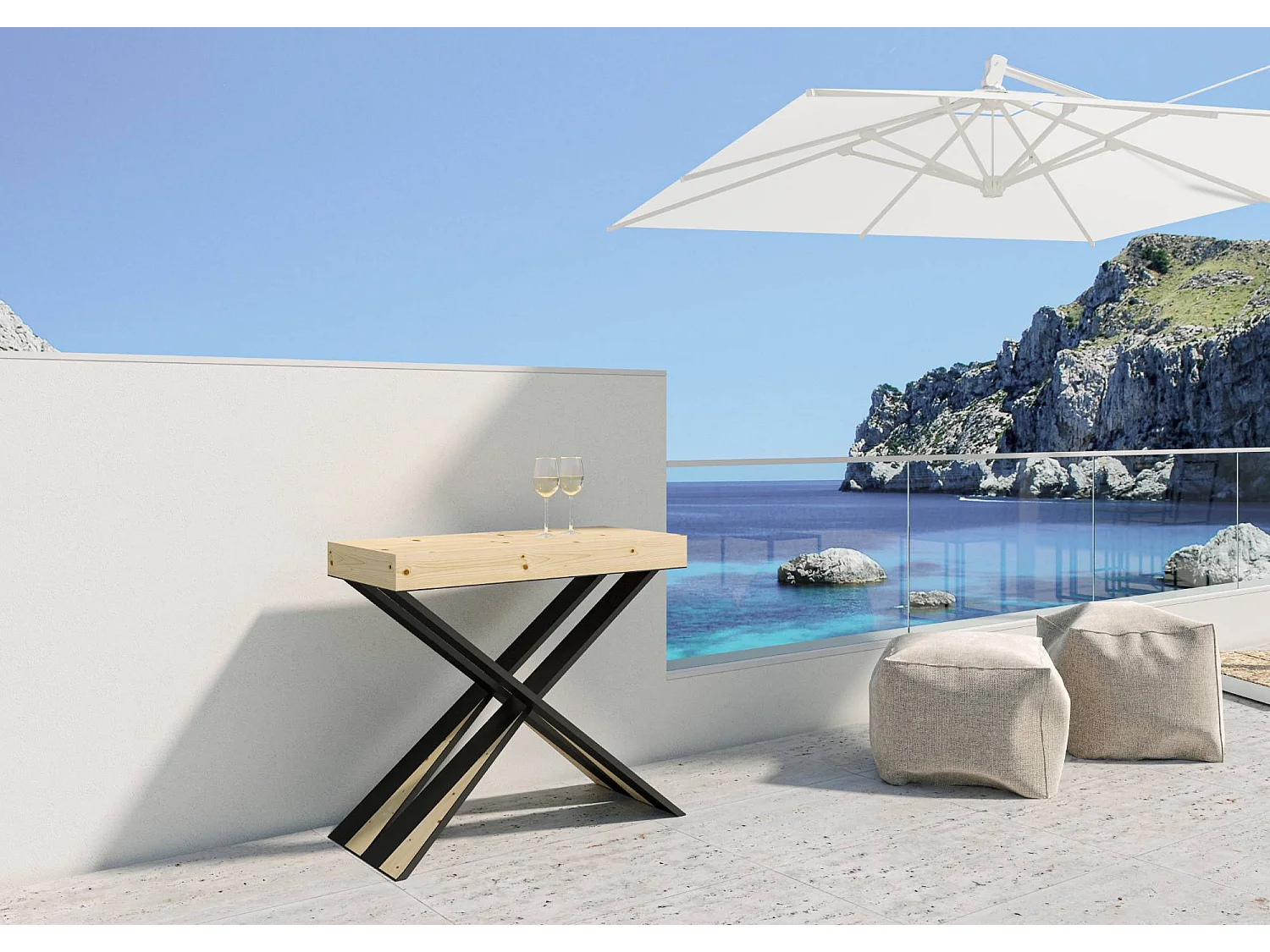 Consola extensible de abeto claro macizo con patas de metal antracita, capacidad para 8 personas, de 40 a 190 cm Lilia Premium-Versión Básico