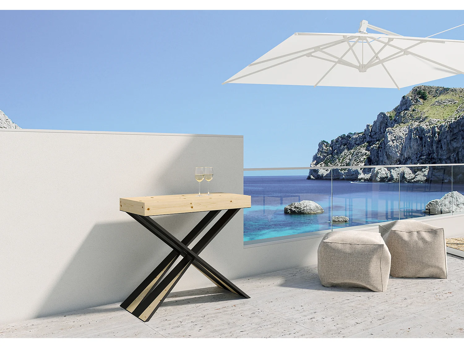 Consola extensible de abeto claro macizo con patas de metal antracita, capacidad para 8 personas, de 40 a 190 cm Lilia Premium-Versión Básico