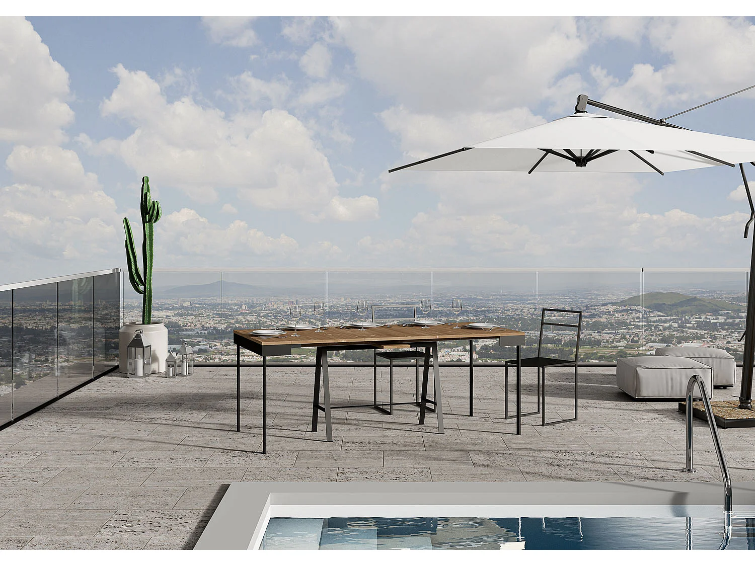 Ausziehbare Konsole 90x40/290 cm Evolution-Schreibtisch aus gebeizter Tanne mit anthrazitfarbenem Gestell