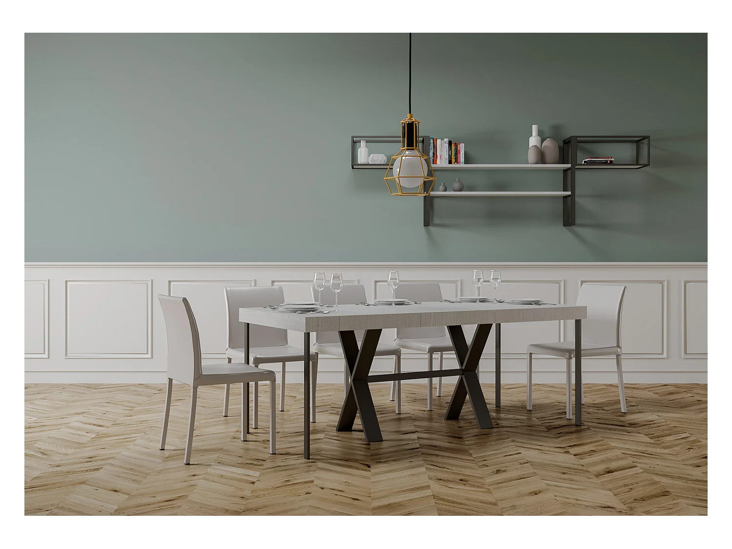 Console extensible 90x40/300 cm Xenia Premium Frêne Blanc cadre Anthracite