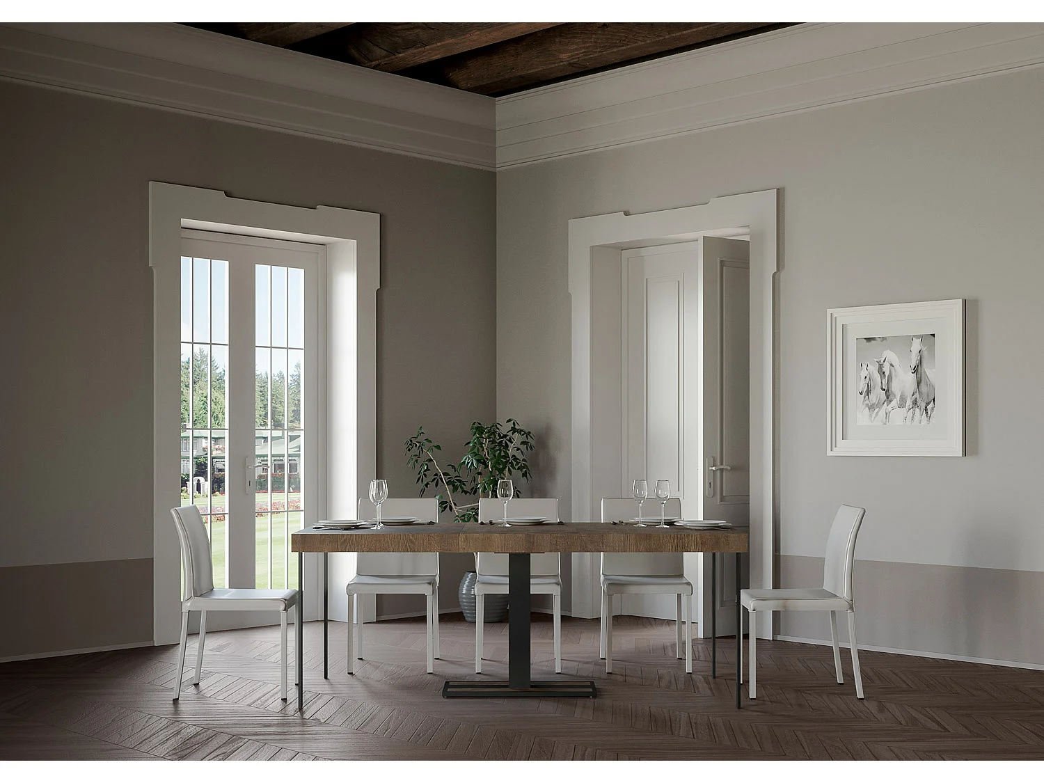 Designer uitschuifbare houten console met centrale poot Kapital 90x40/196 of 90x40/300 cm-Kleur Bruin-Verlengsnoeren 3 dikke extensies