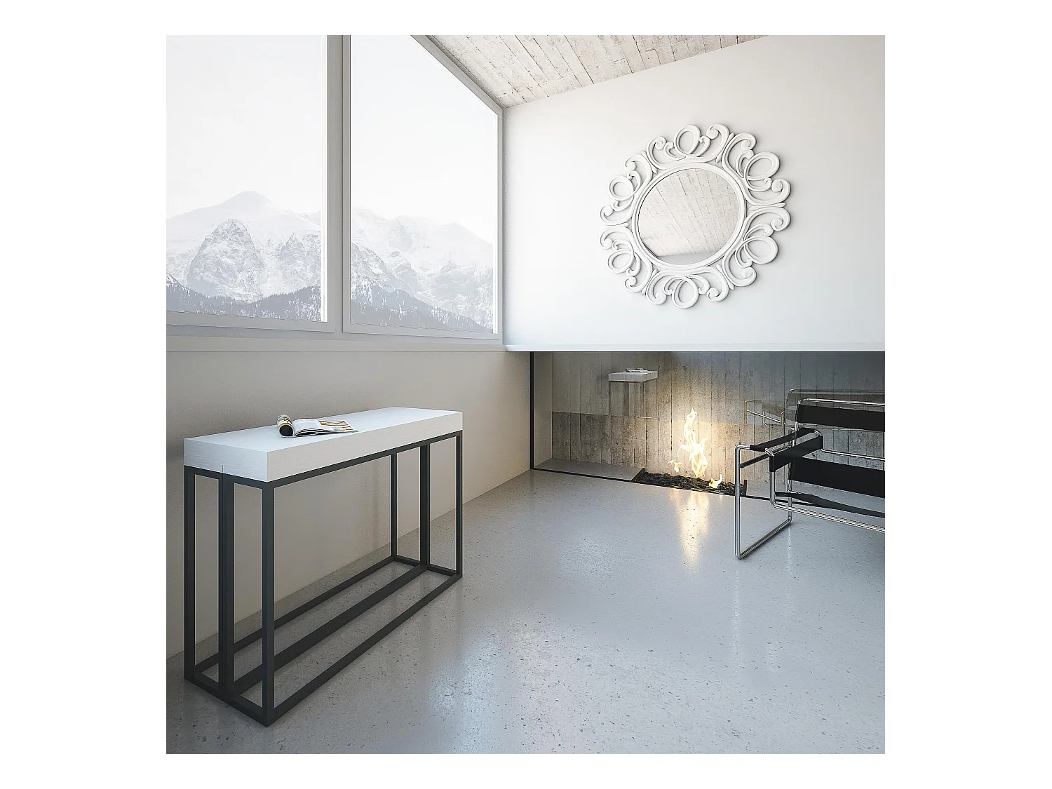 Console extensible 90x40/300 cm Epoca Frêne Blanc cadre Anthracite