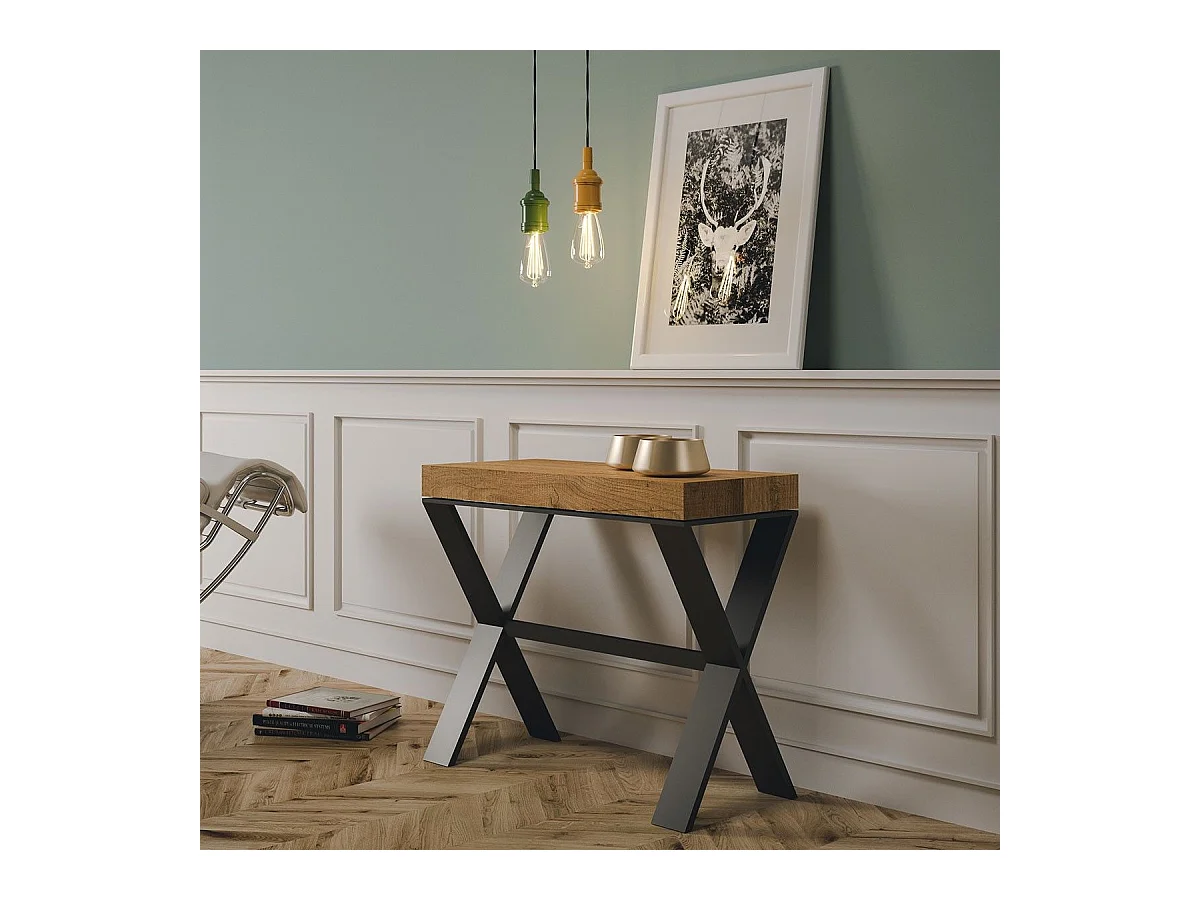 Ausziehbarer Konsolentisch 90x40/196 cm Xenia Small Eiche Natur mit Eisenrahmen aus Anthrazit