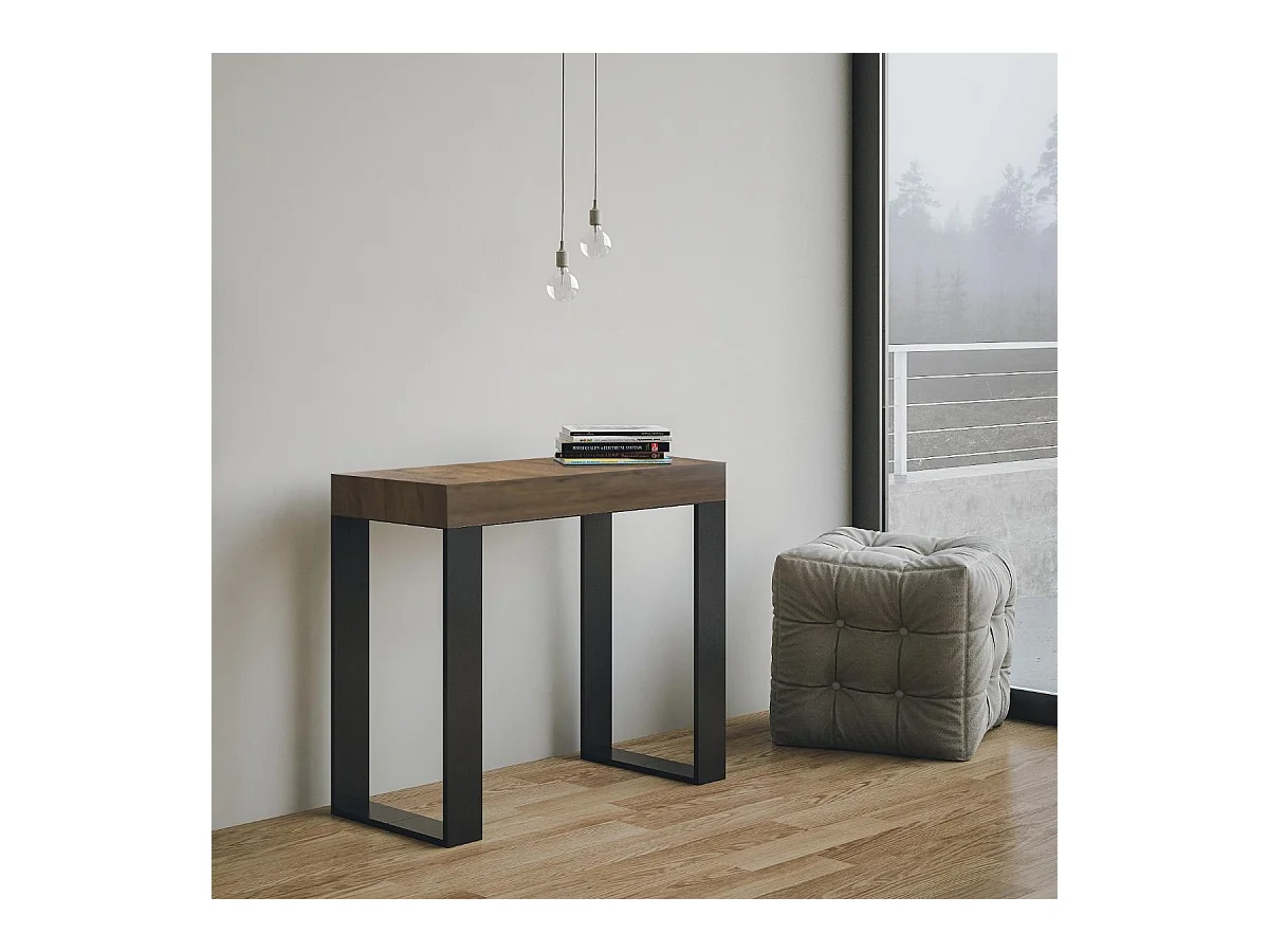 Consola extensible Lona de madera y acero 90x40/196 o 90x40/300 cm-Color Marrón-Soporte 2 pies-3 alargaderas finas