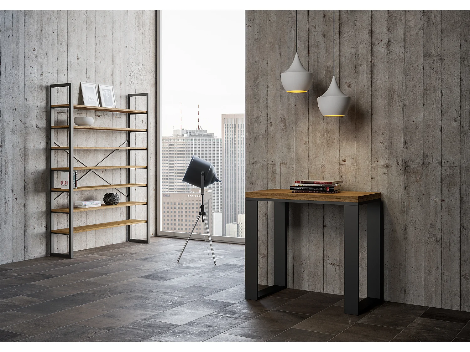 Uitklapbare sidetable 90x45/90 cm Tecno Libra walnoot met antraciet frame