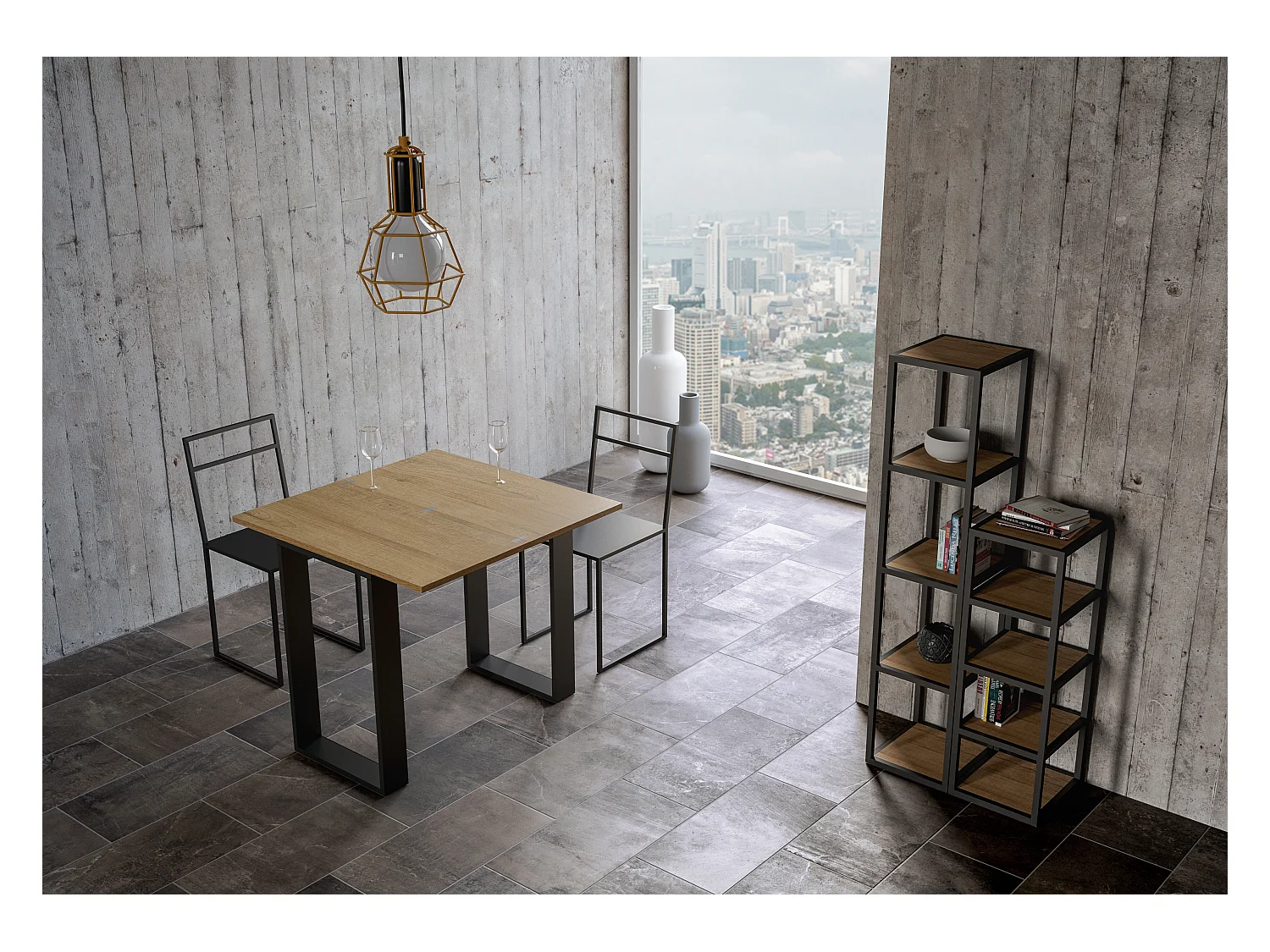 Uitklapbare sidetable 90x45/90 cm Tecno Libra walnoot met antraciet frame