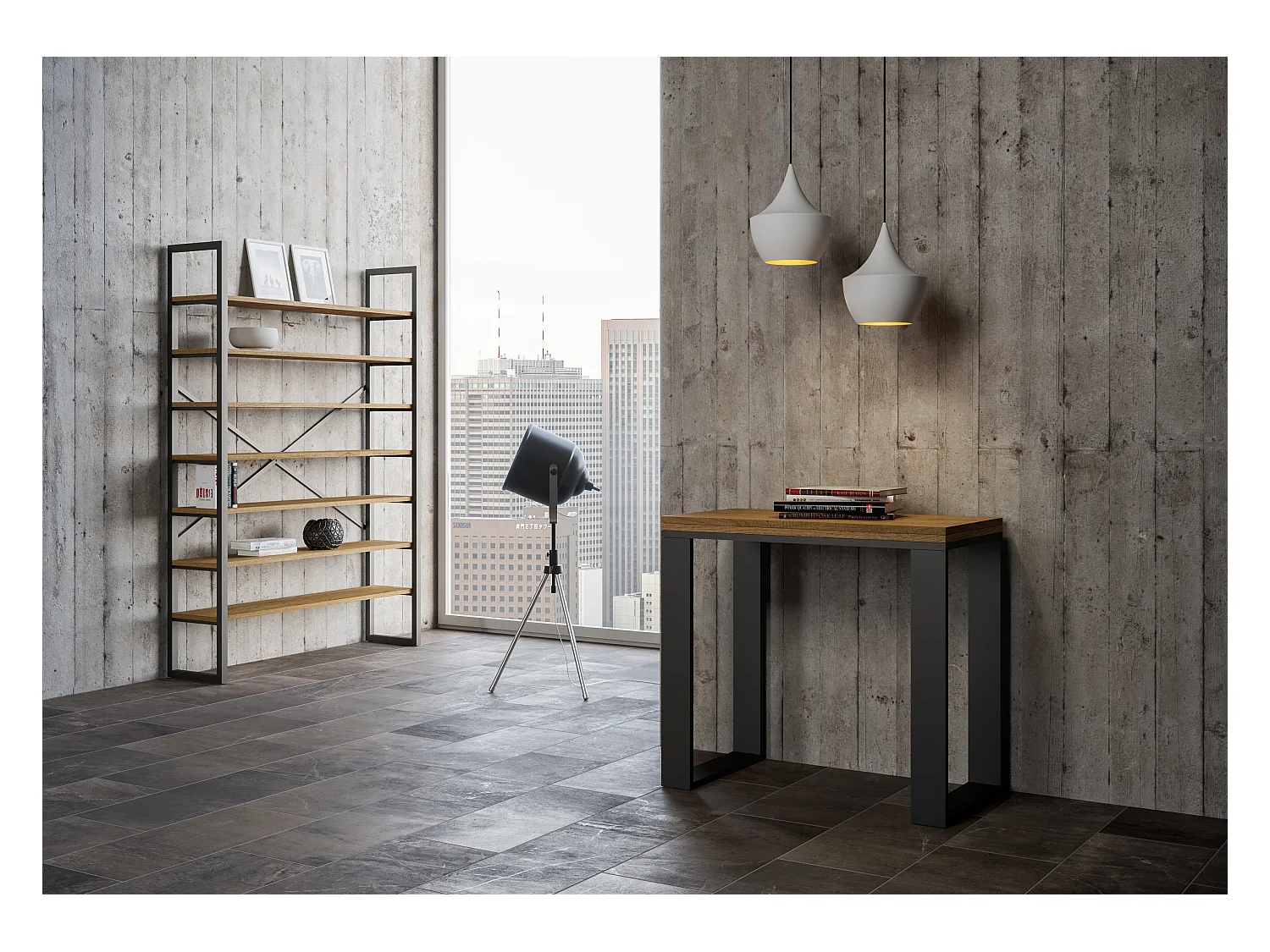 Uitklapbare sidetable 90x45/90 cm Tecno Libra walnoot met antraciet frame