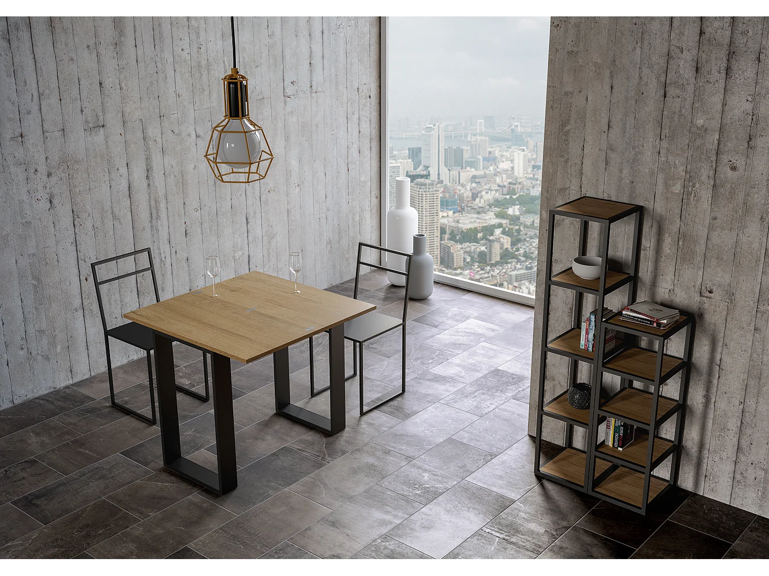 Uitklapbare sidetable 90x45/90 cm Tecno Libra walnoot met antraciet frame