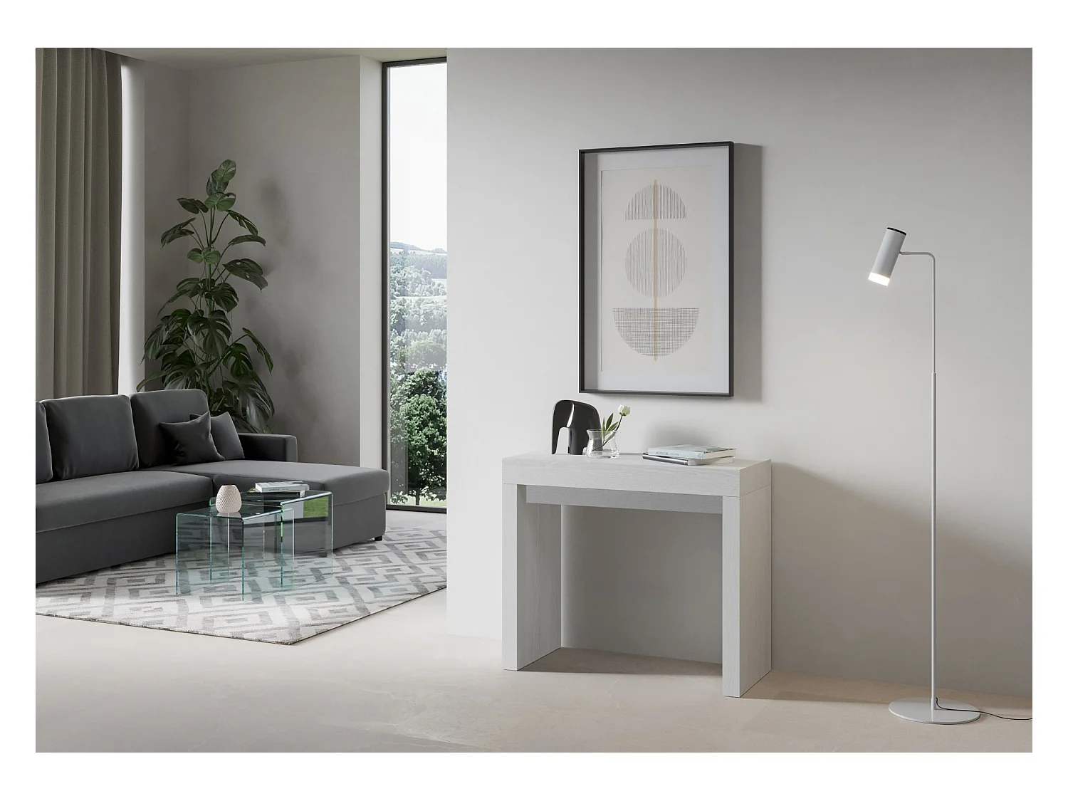 Ribo uitschuifbare houten console 90x40/196 of 90x40/300 cm-Kleur Wit-Steun 2 voet-Verlengsnoeren 3 uitbreidingen