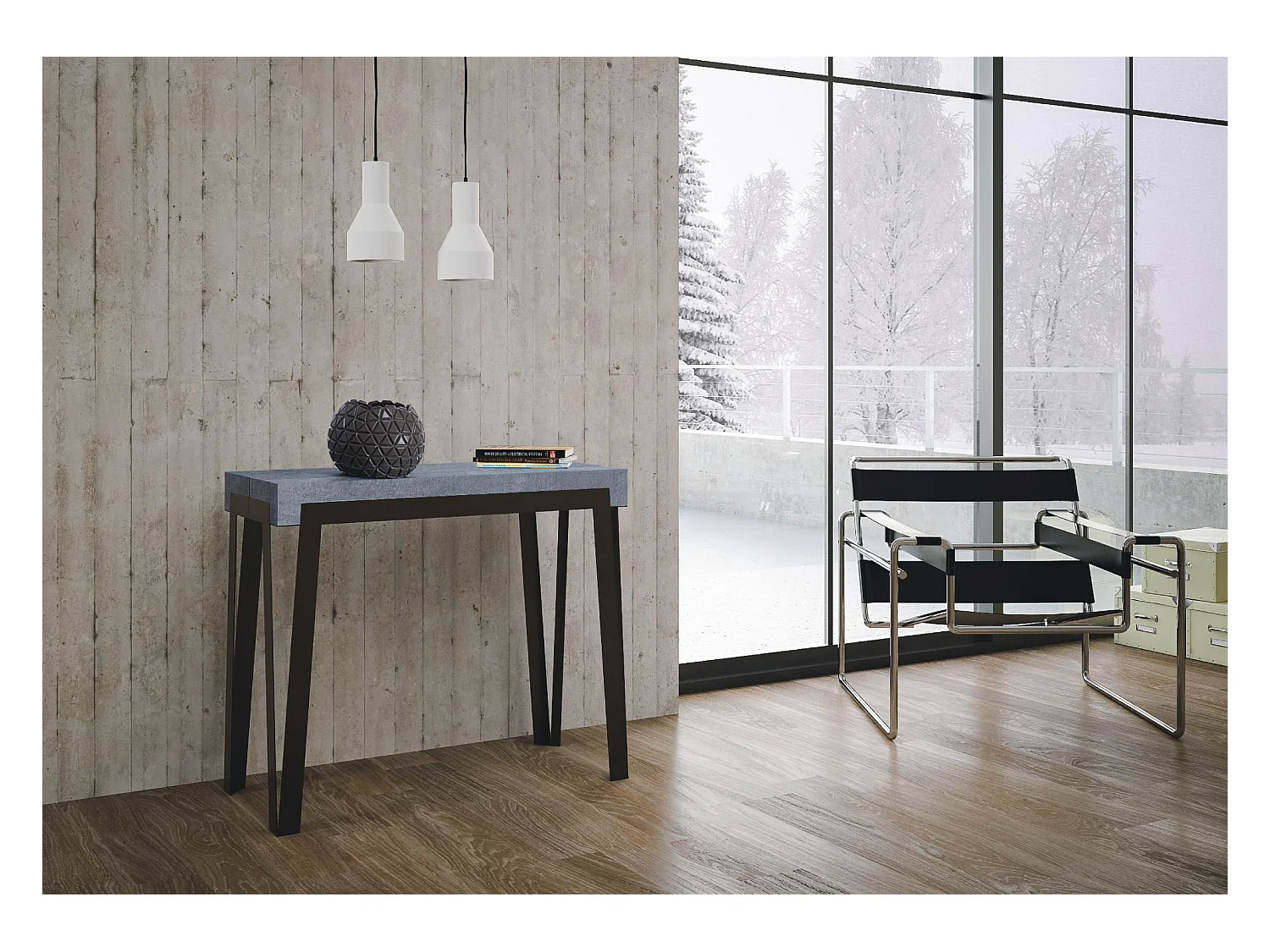 Uitschuifbare sidetable 90x40/196 cm Rio Small cement met antraciet frame