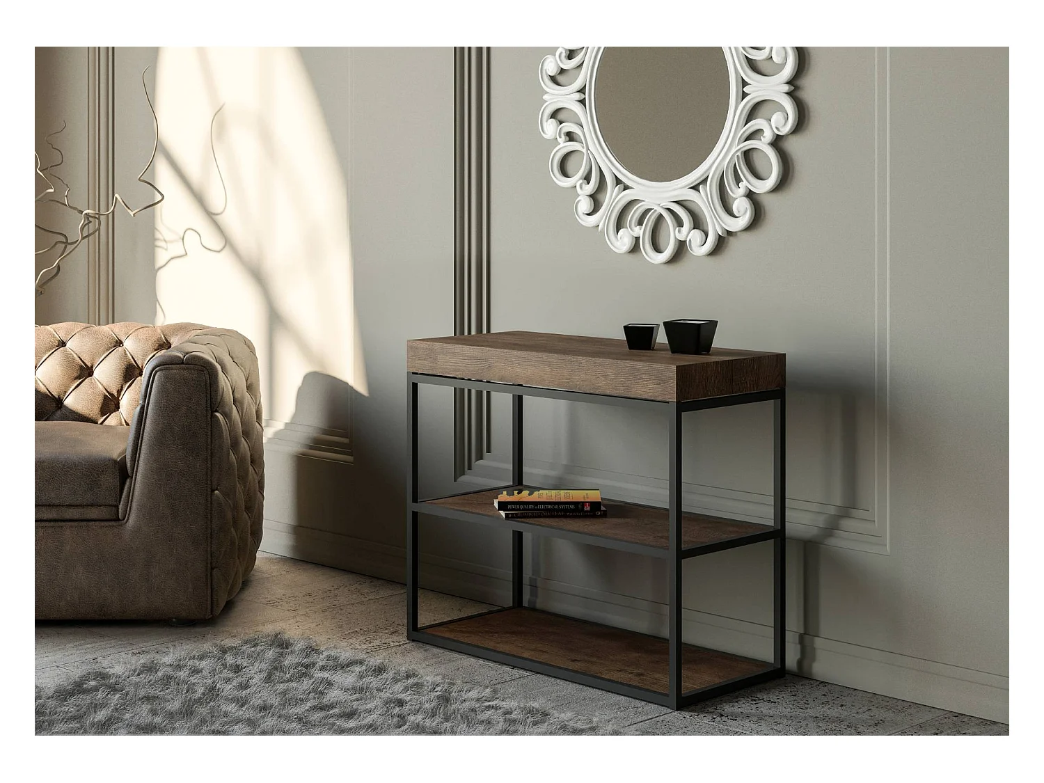 Console extensible 90x40/196 cm Plano Small Noyer cadre Anthracite
