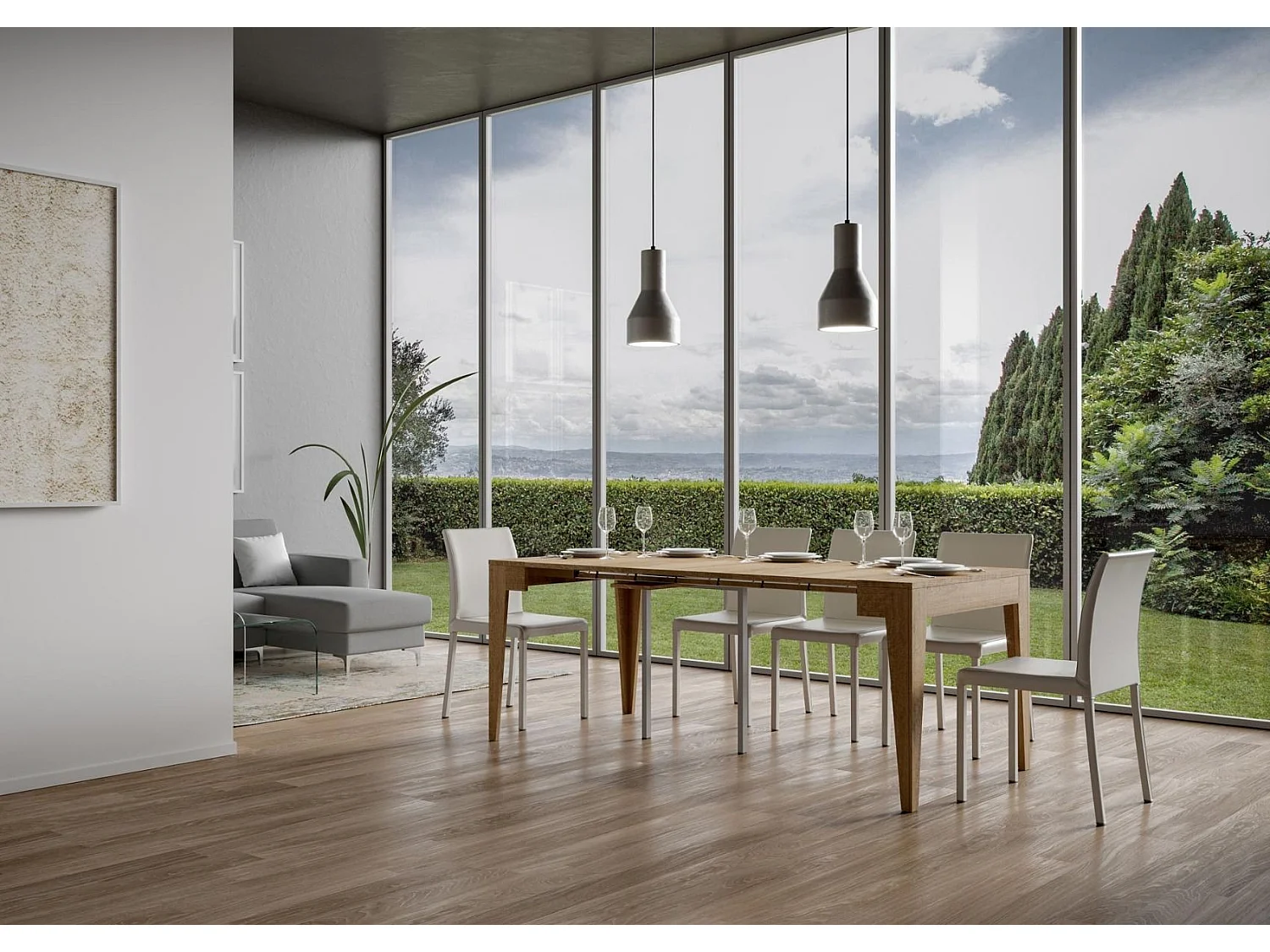Kanda moderne uitschuifbare houten console 90x42/198 of 90x42/302 cm-Kleur Natuurlijk-Steun 2 voet-Verlengsnoeren 3 uitbreidingen